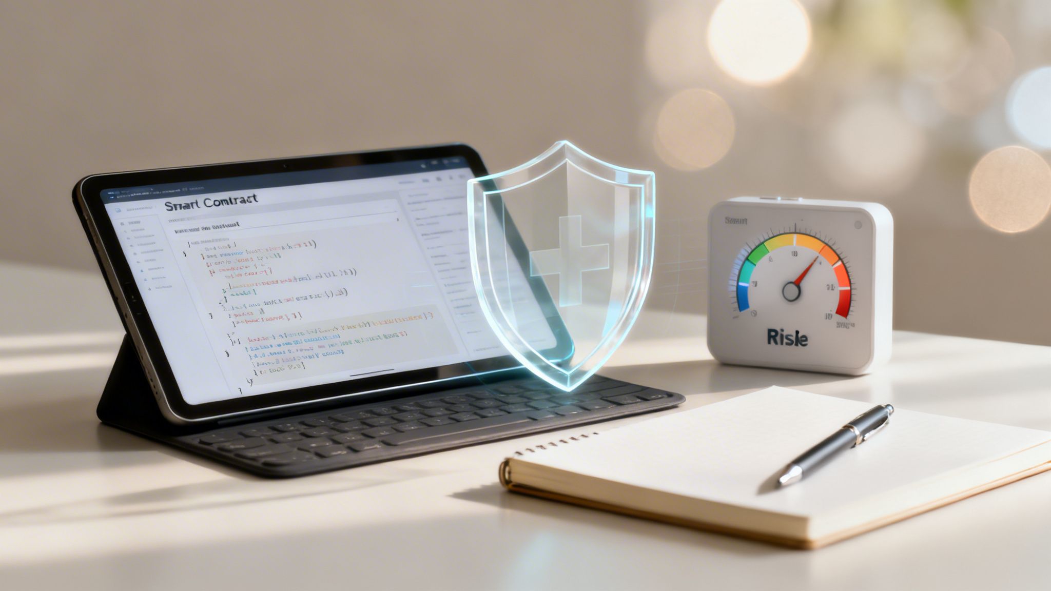 Tablet showing smart contract code, a holographic medical shield, and a Risle gauge, depicting secure healthcare technology.