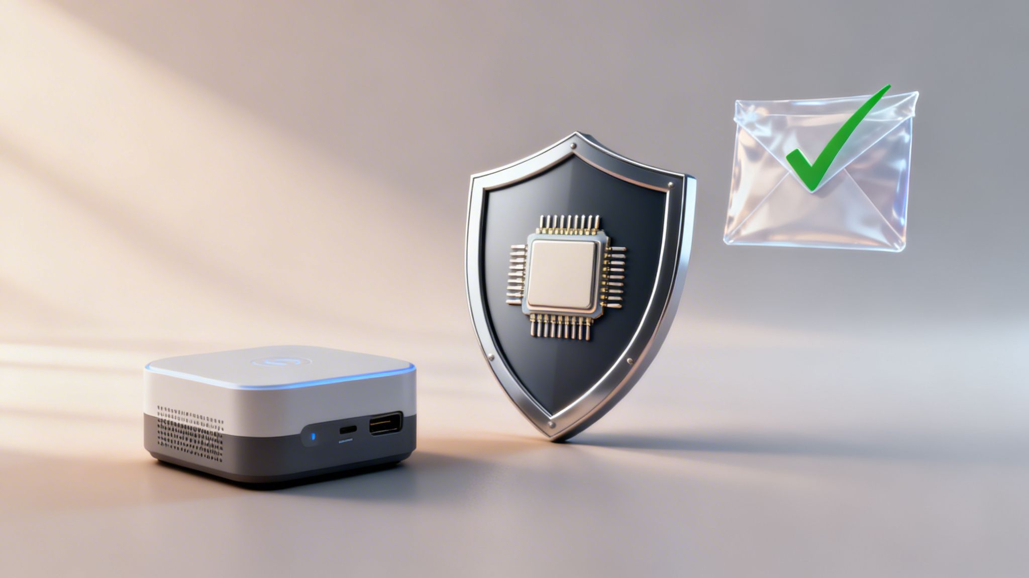 A small IoT device, a shield with a microchip, and a checked envelope symbolizing secure data processing.