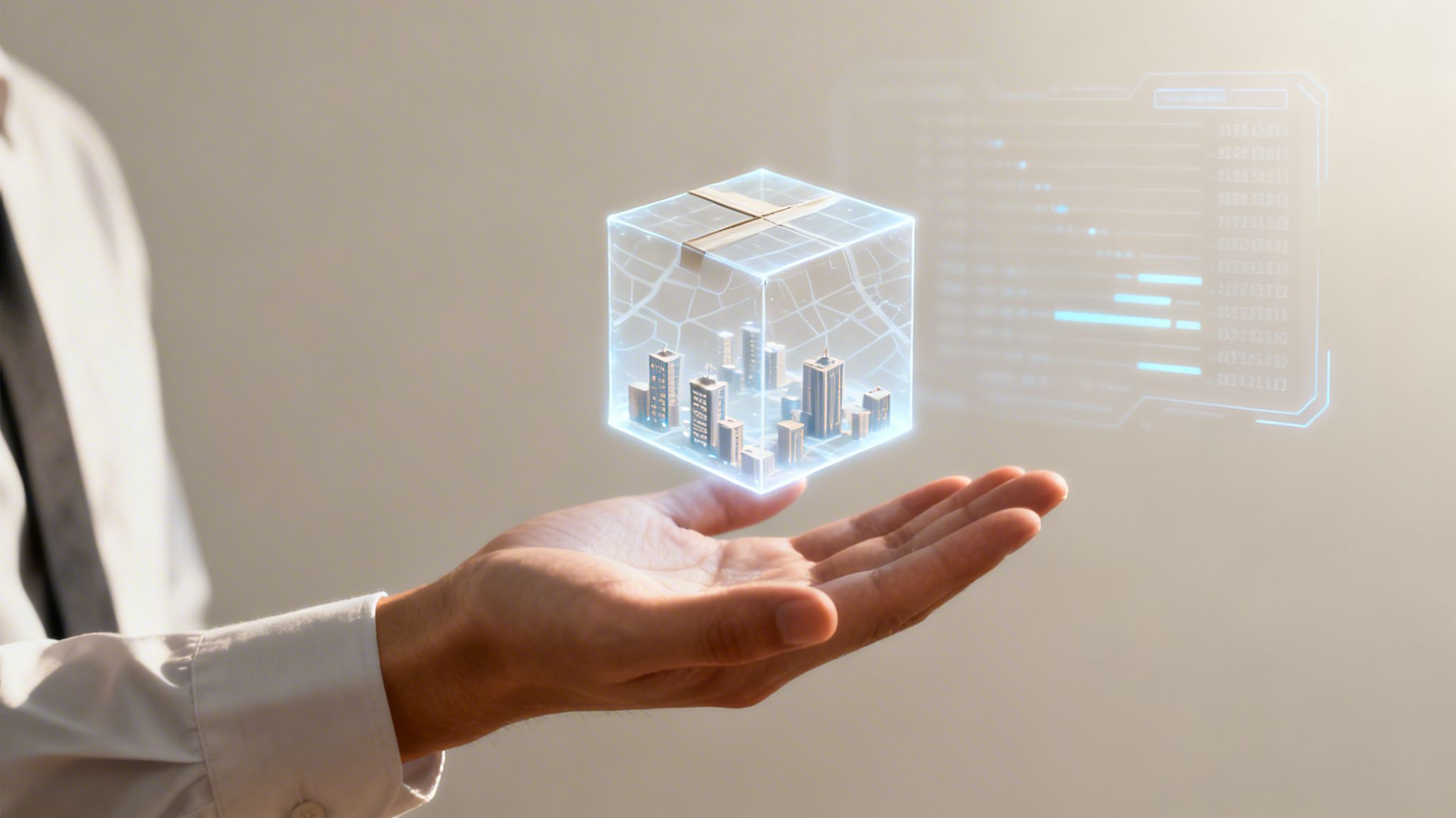 Hand holding a futuristic glowing holographic cube showcasing a smart city and digital data.