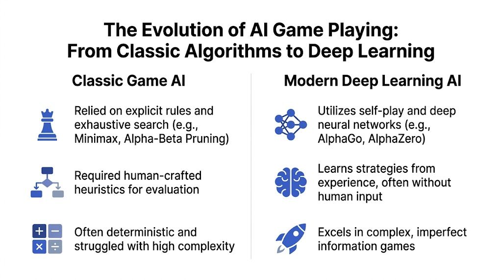A comparison chart showing the evolution of AI game playing from classic algorithmic methods to modern deep learning techniques.