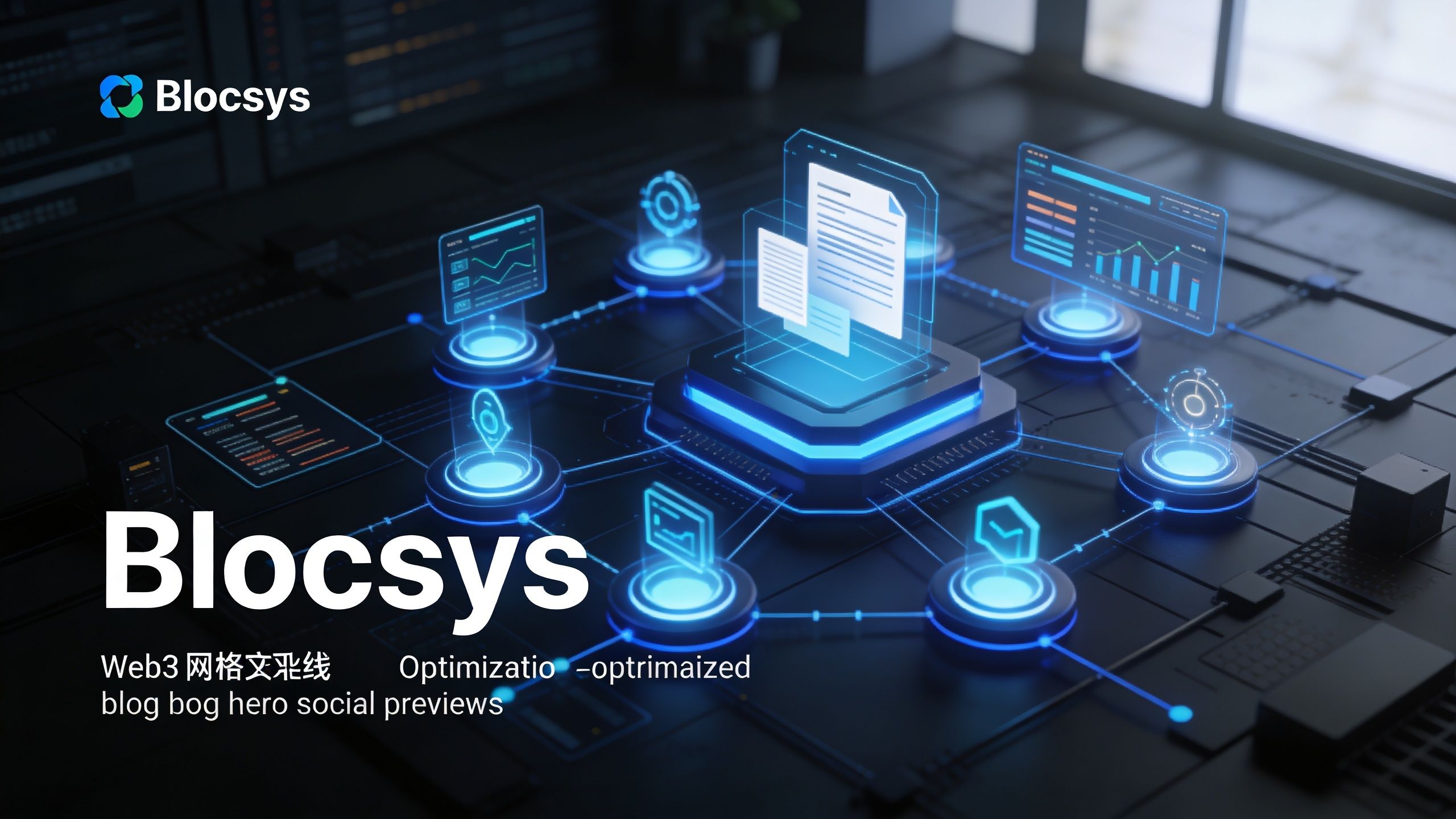 A digital representation of blockchain technology with floating documents and data visualizations on a dark futuristic grid.