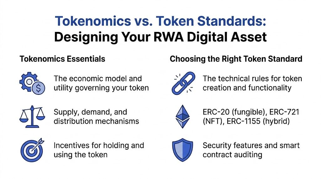 A comparison infographic between tokenomics and token standards for designing RWA digital assets.