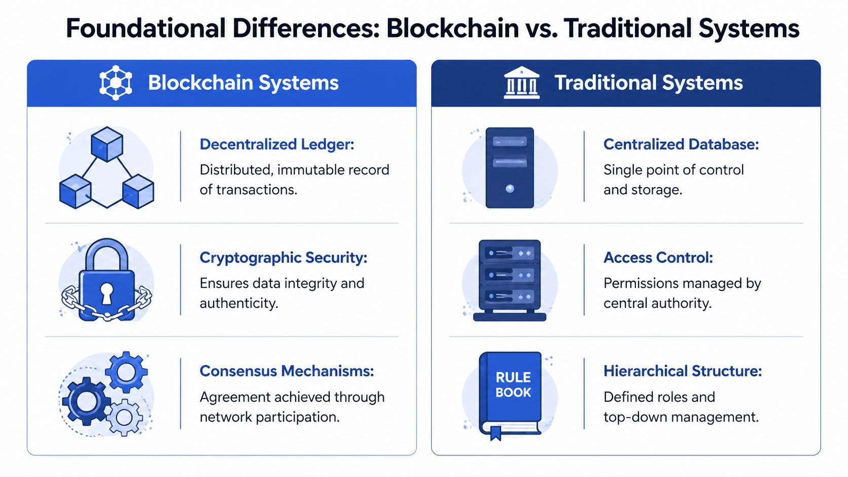 A comparison chart showing the differences between blockchain technology and traditional centralized computing systems.