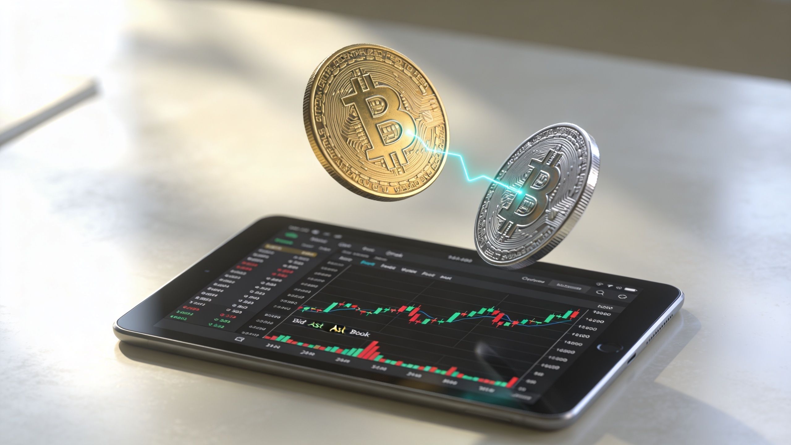 A digital tablet displaying stock market graphs with two floating Bitcoin coins and a connecting light.