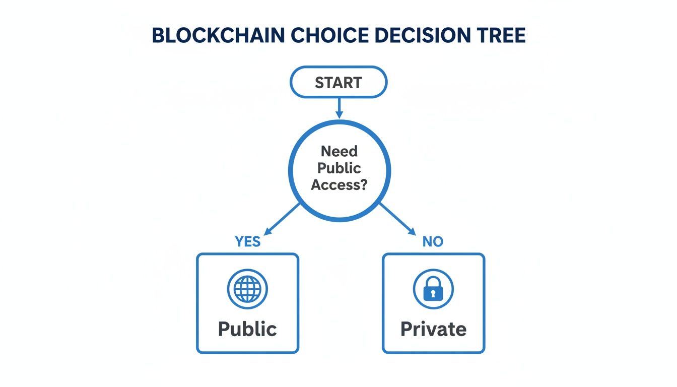A blockchain choice decision tree flowchart, asking if public access is needed, leading to public or private options.