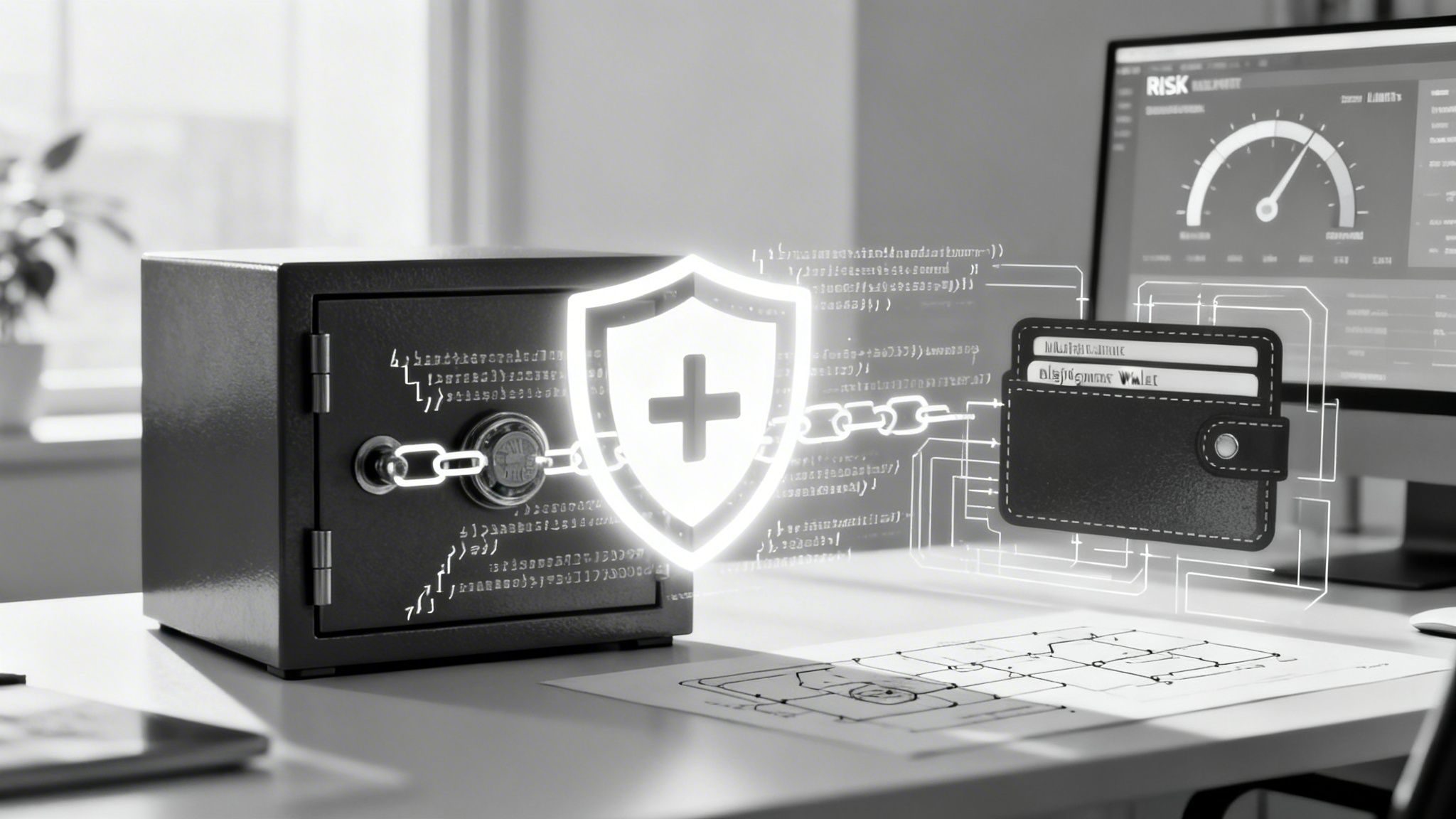A safe, shield, and digital wallet linked by chains, symbolizing robust cryptocurrency security and smart contract protection.