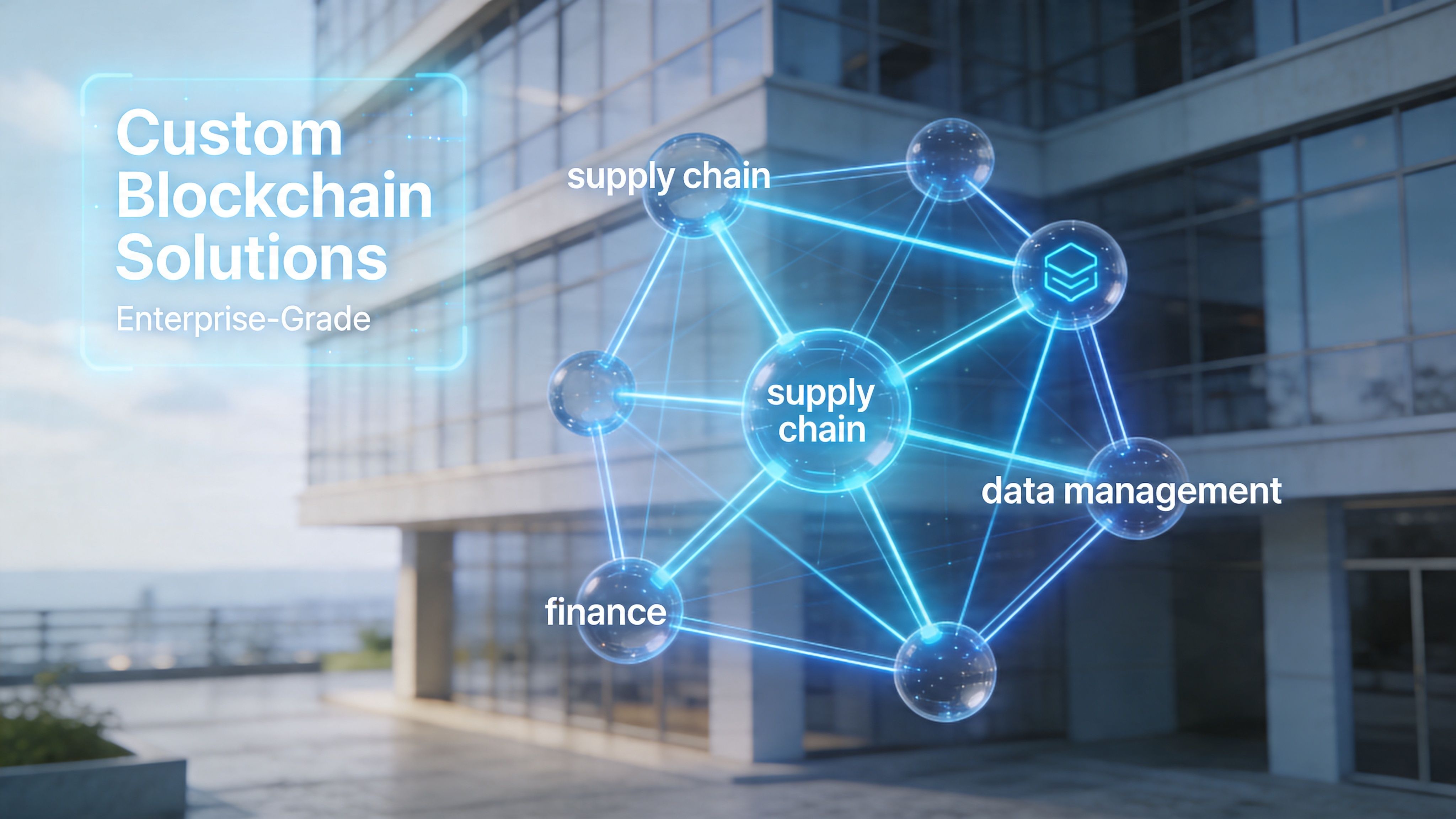 A digital graphic showcasing enterprise-grade custom blockchain solutions with network nodes representing supply chain, finance, and data management.