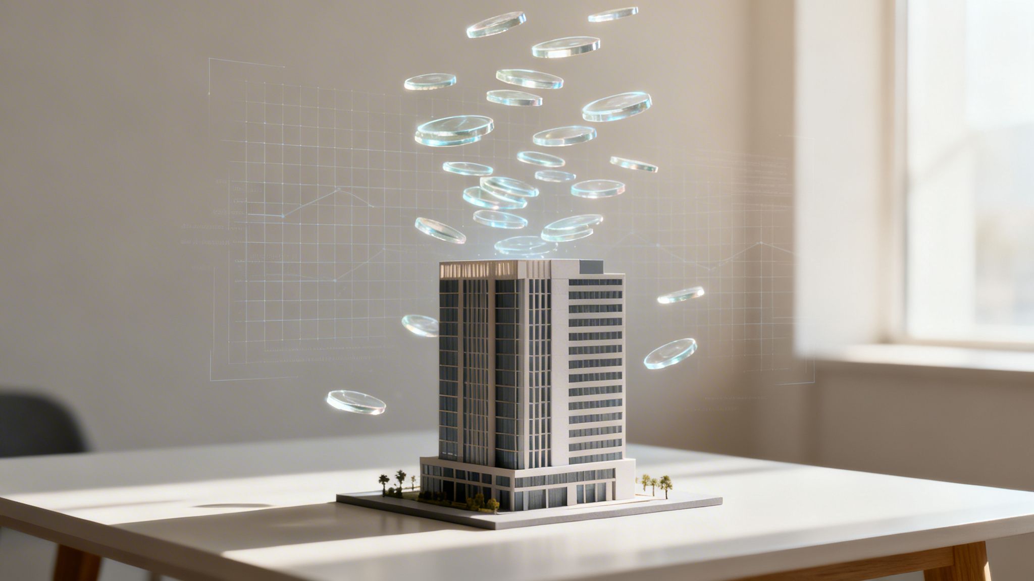 A model building with glowing digital tokens floating above, indicating real estate investment growth.