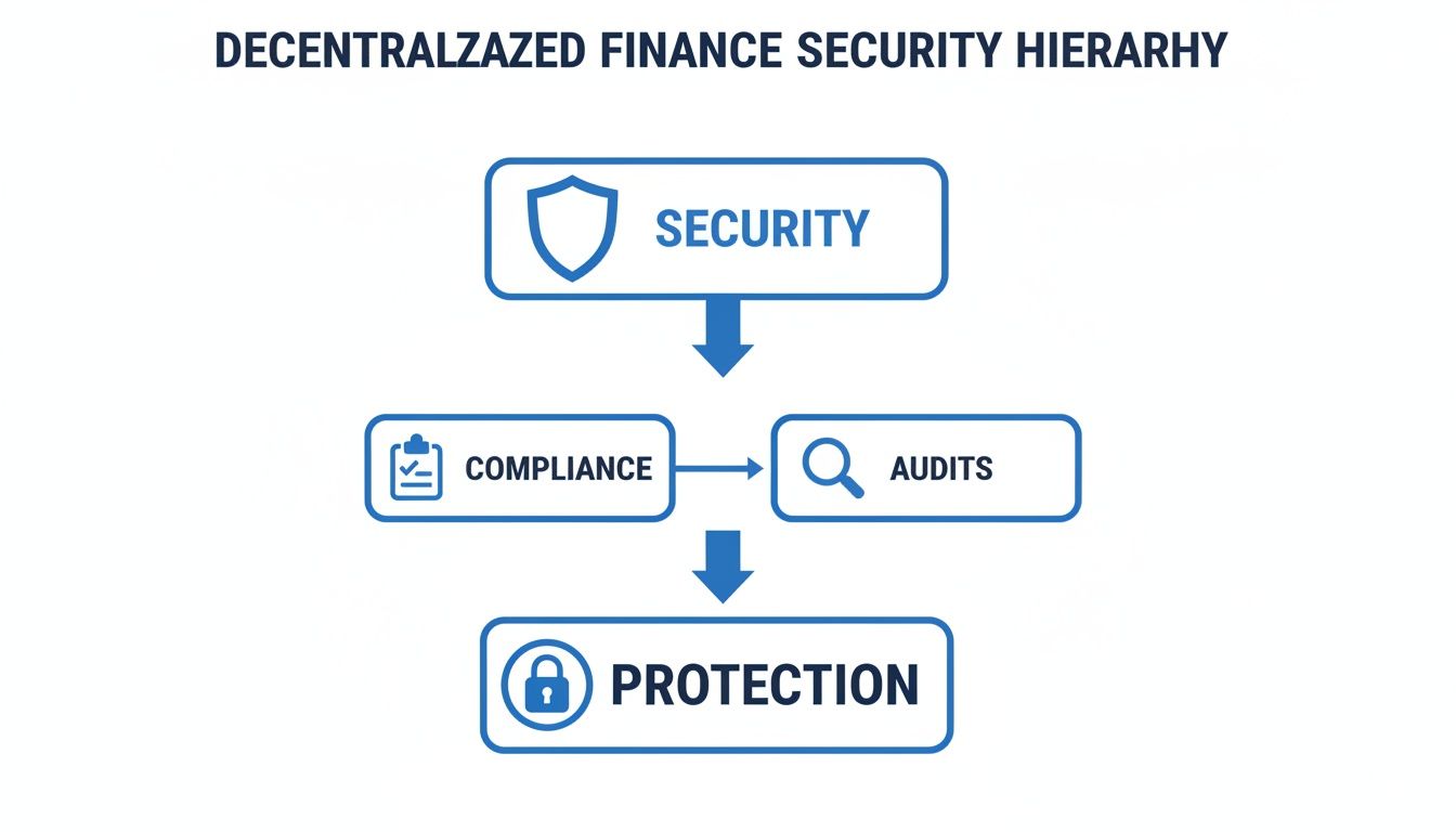 A flowchart illustrates the Decentralized Finance Security Hierarchy, showing security, compliance, audits, and protection.