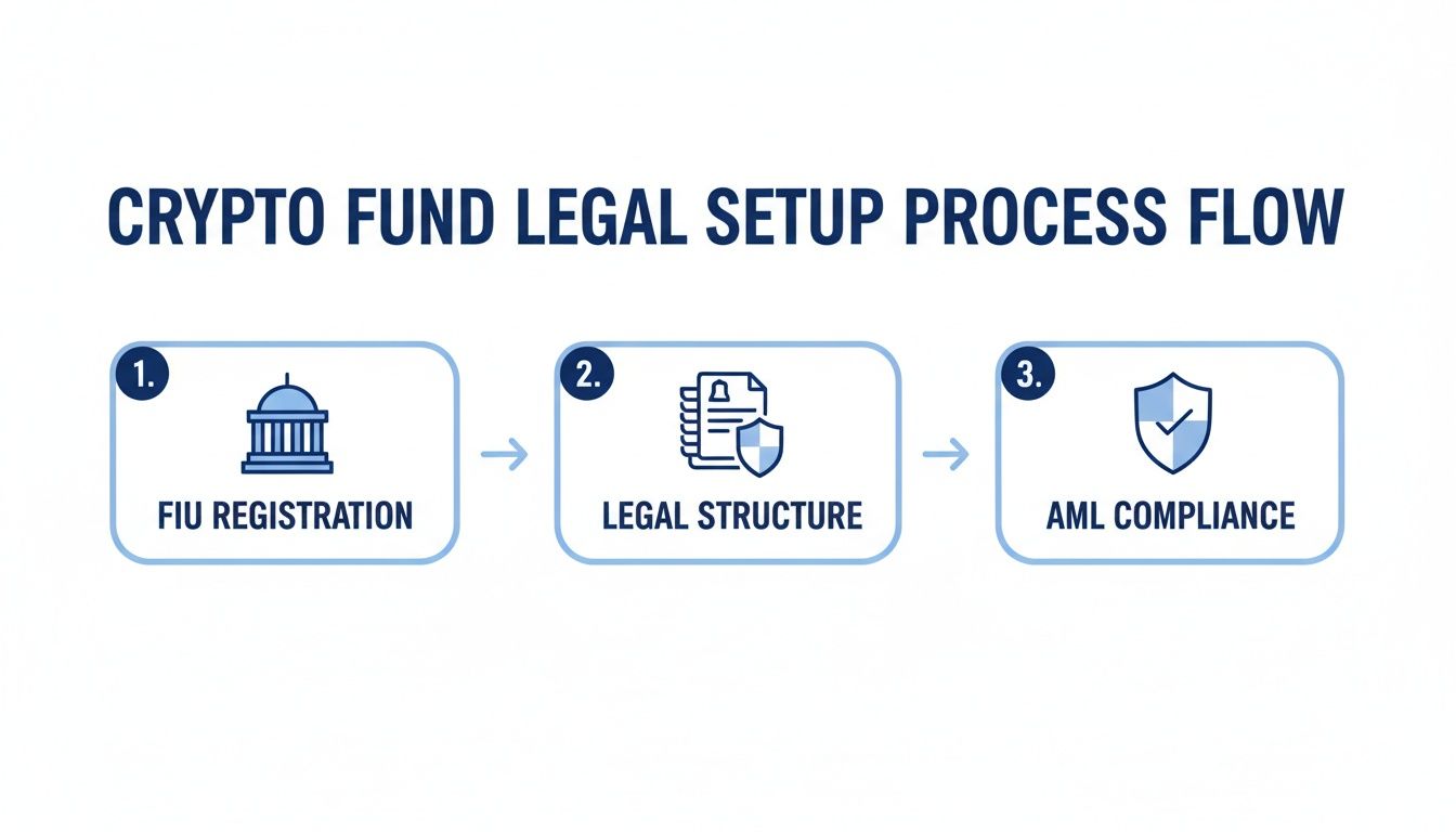 Flowchart illustrating the three-step legal setup process for a crypto fund, including FIU registration, legal structure, and AML compliance.