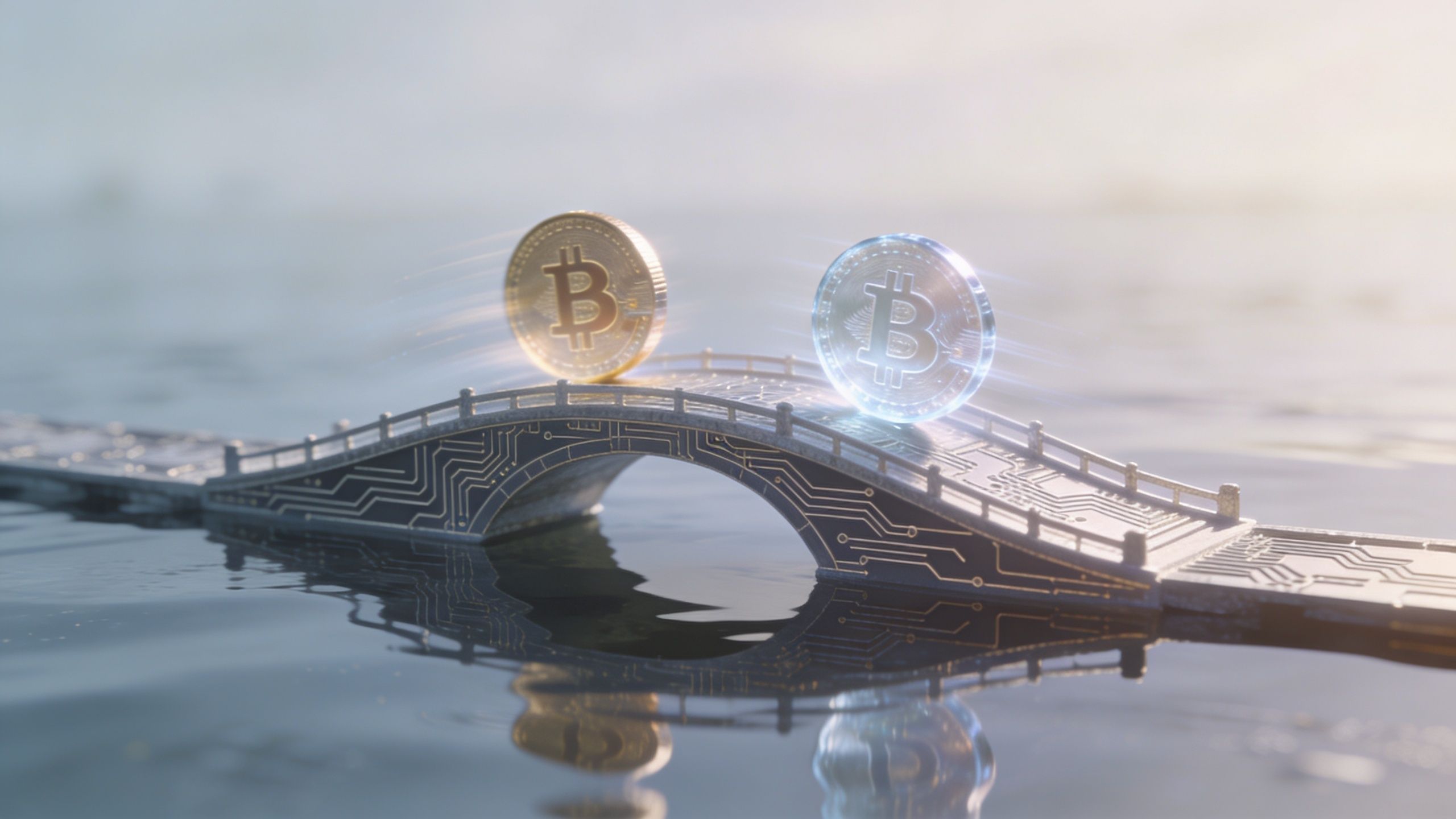 A golden and a glowing blue Bitcoin coin on a circuit board bridge over water.