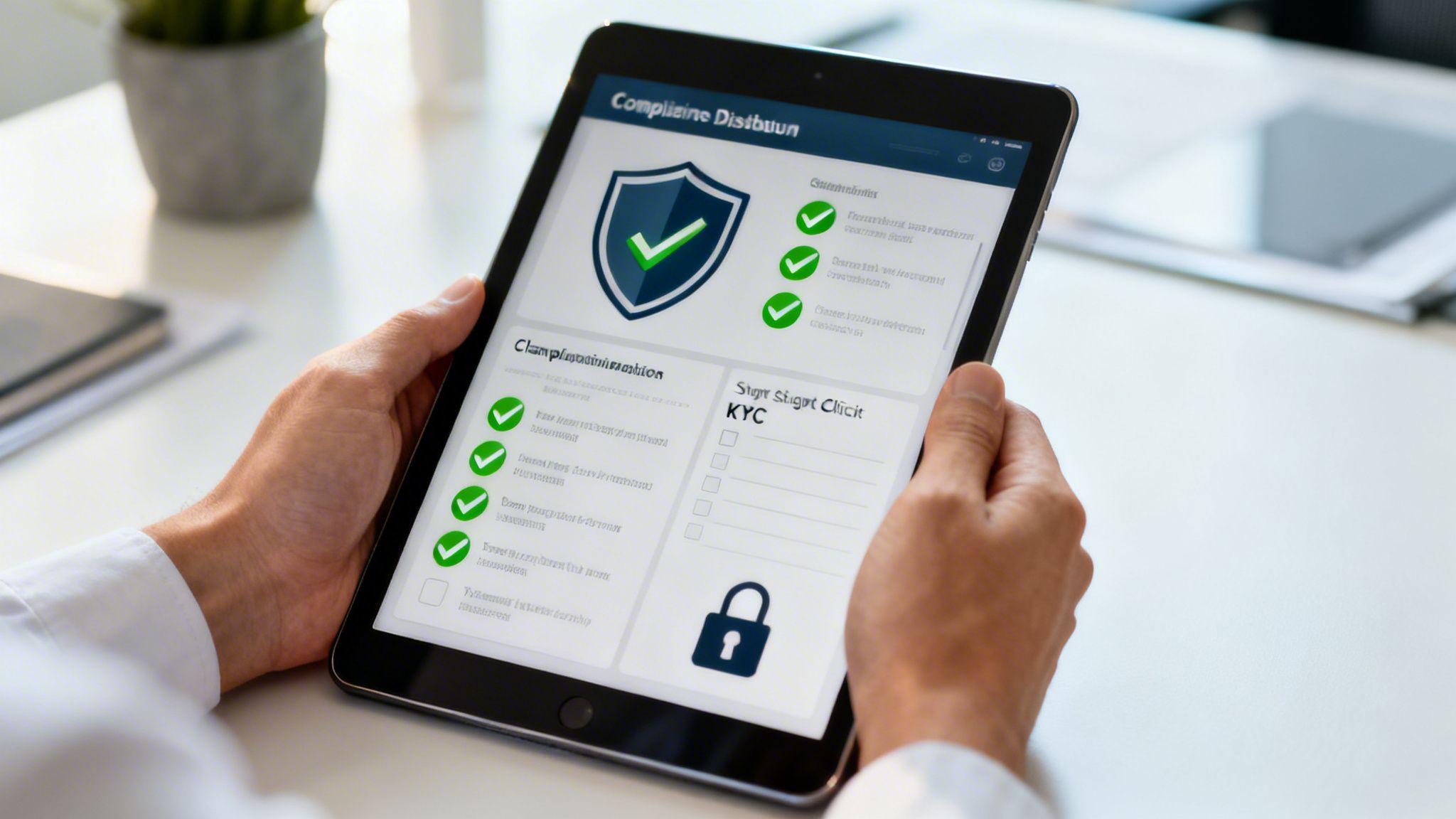 A person holds a tablet displaying a compliance application with security checks and KYC verification.
