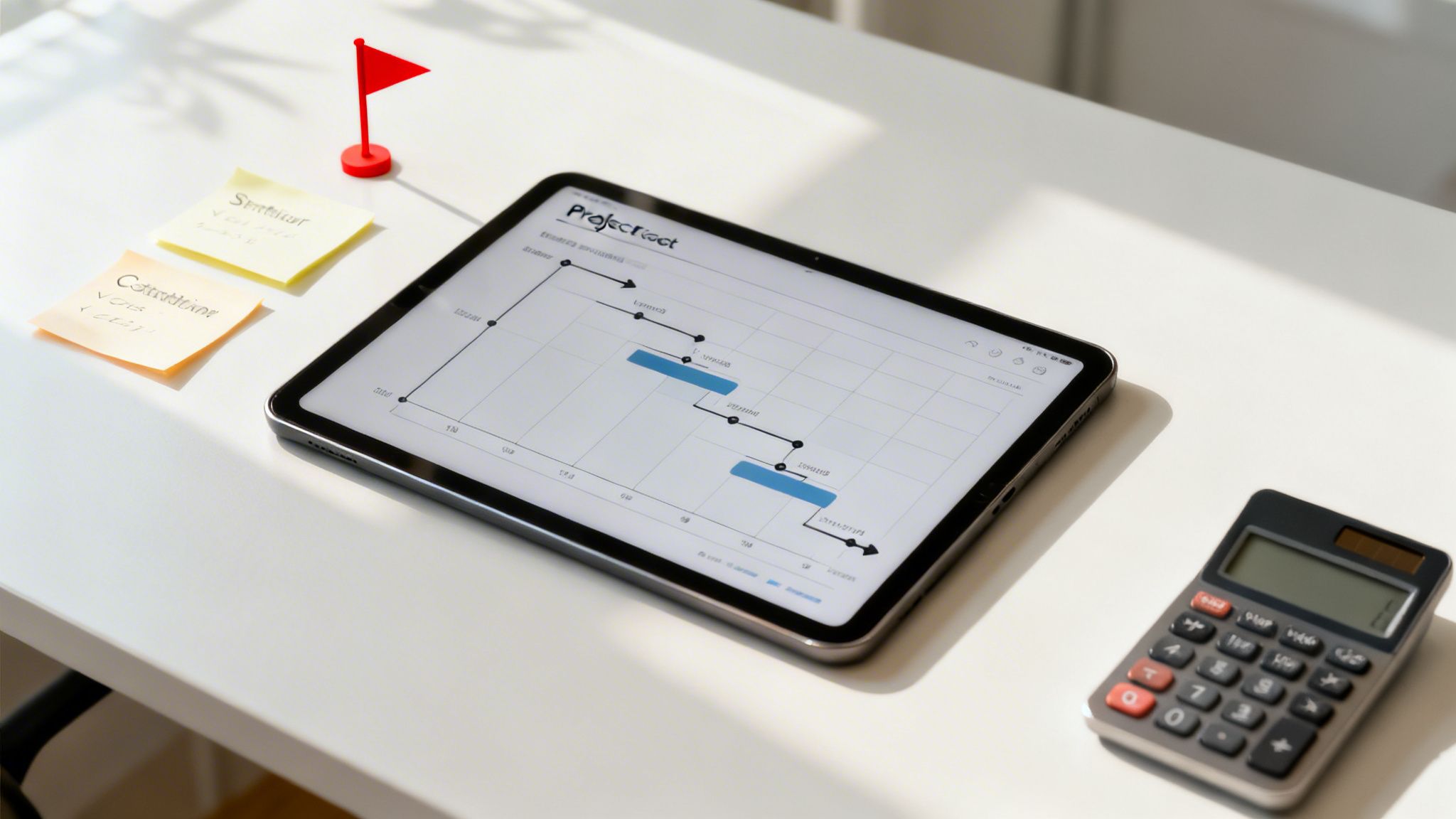 A modern workspace with a tablet displaying a project timeline, sticky notes, and a calculator.
