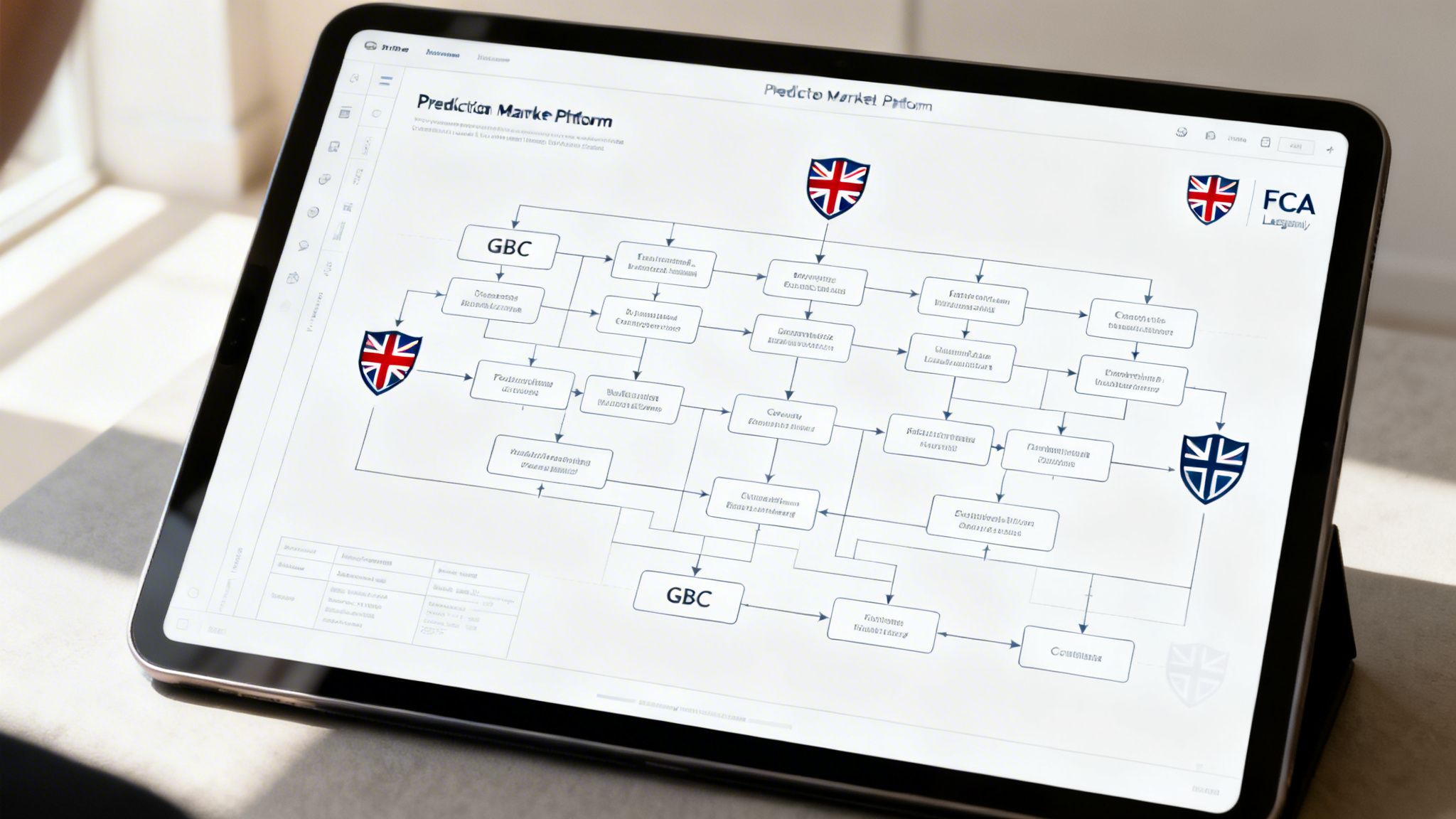 A digital tablet displaying a complex flow chart illustrating a UK-based prediction market platform business model.