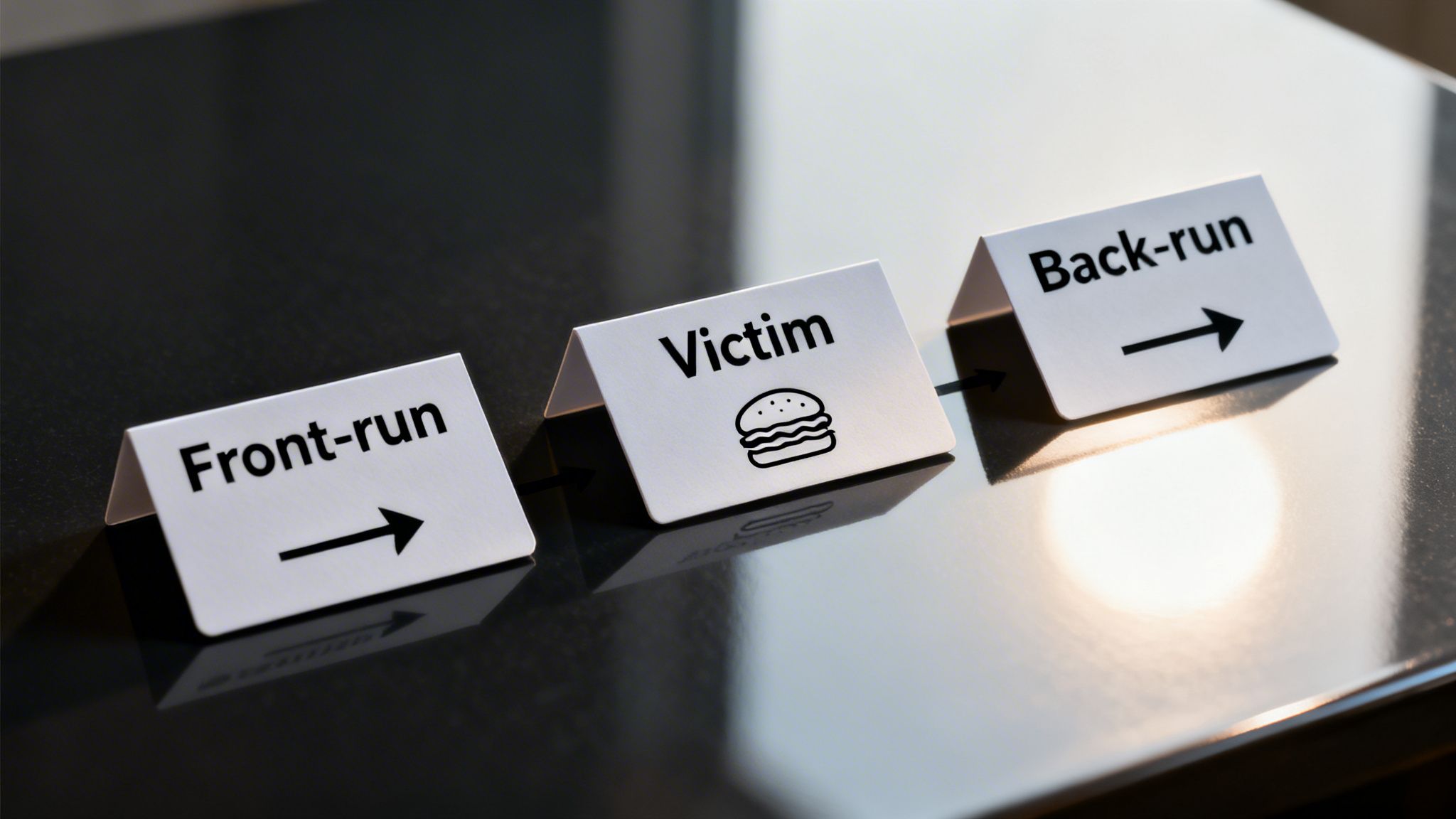 Three cards illustrating a blockchain sandwich attack process: Front-run, Victim with burger, and Back-run.