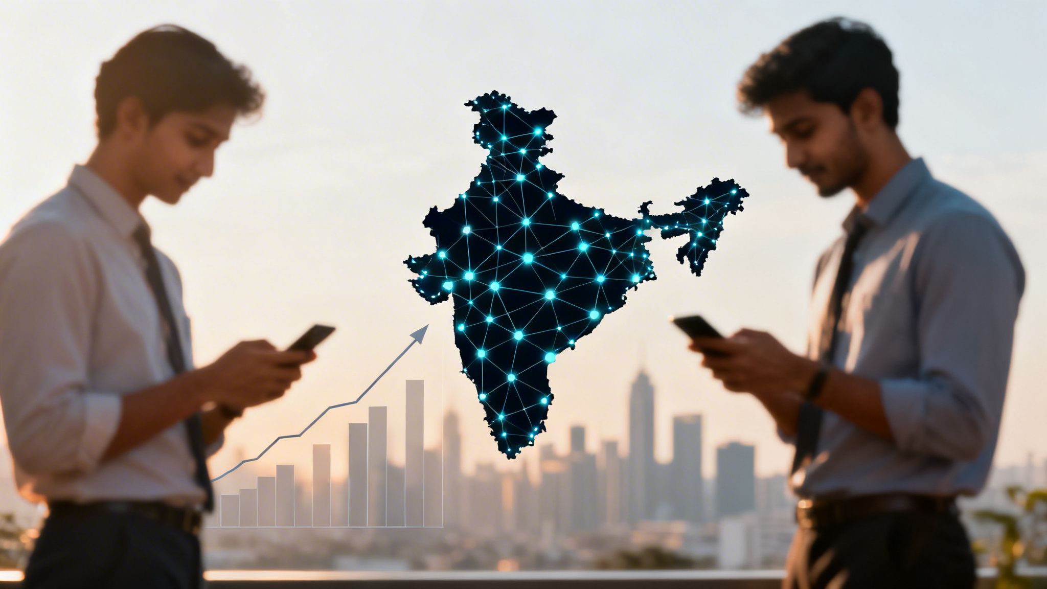 Two young men using smartphones with a glowing digital map of India and an upward growth chart.