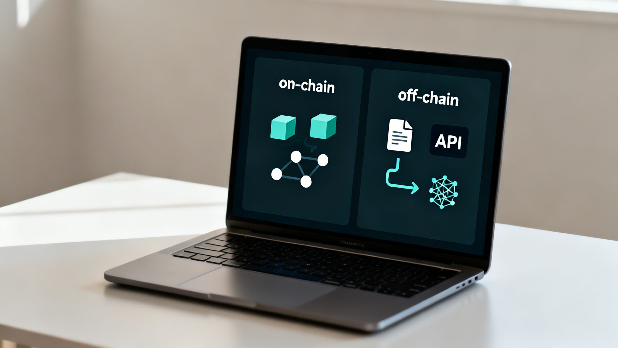 A laptop displays a diagram contrasting on-chain and off-chain data processing concepts.