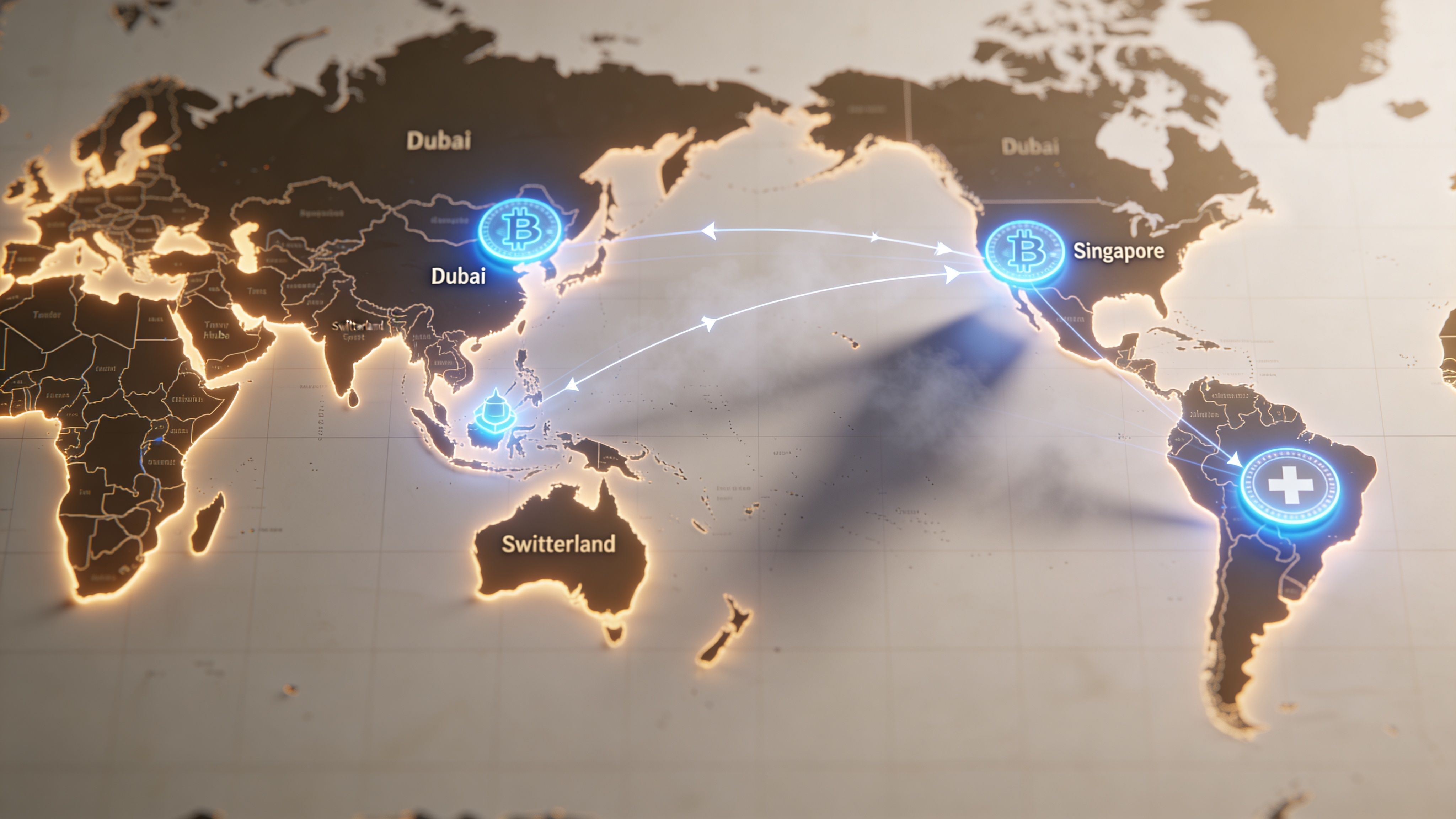A global world map visualization showing interconnected digital bitcoin and crypto currency nodes across different international locations.
