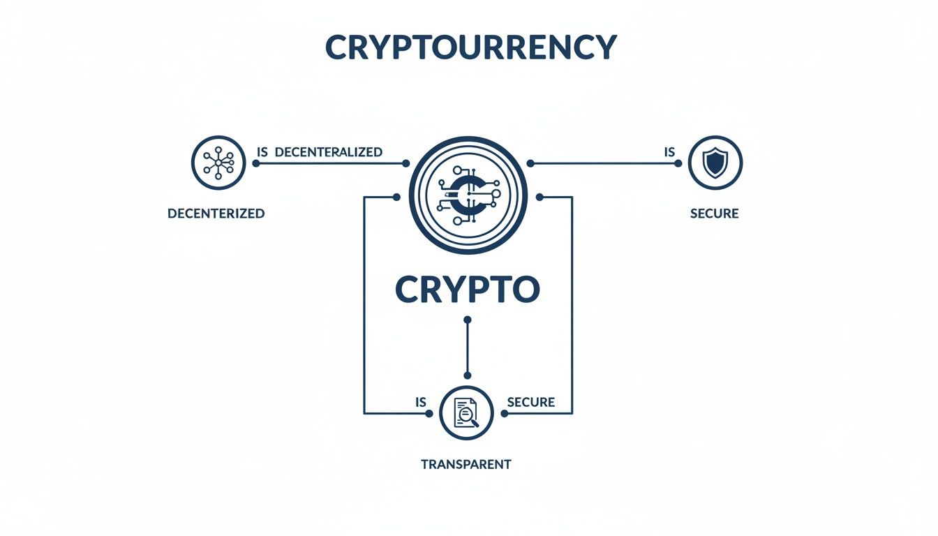 A minimalist diagram illustrating the key characteristics of cryptocurrency as decentralized, secure, and transparent.