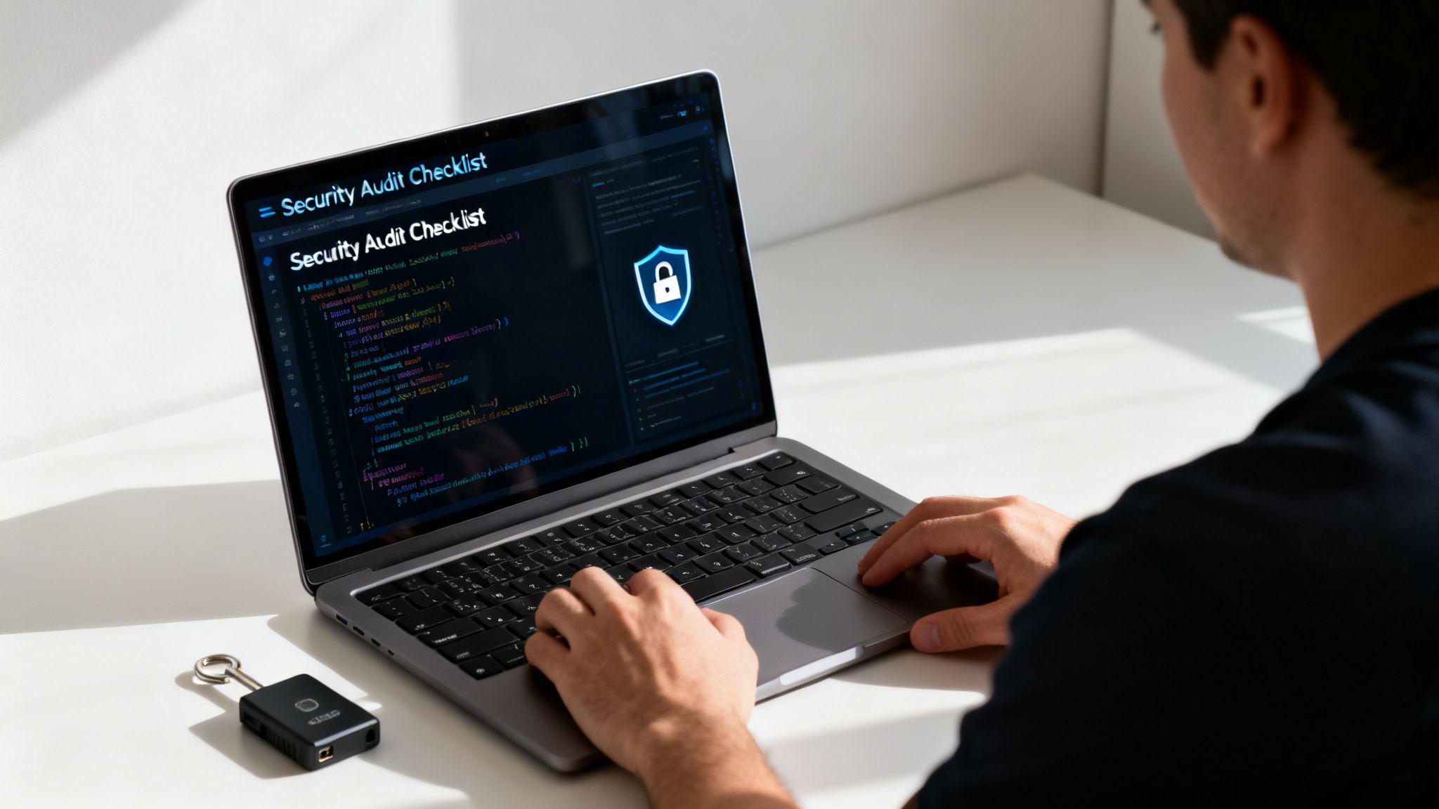 Person typing on laptop showing a security audit checklist and code, with a security key.