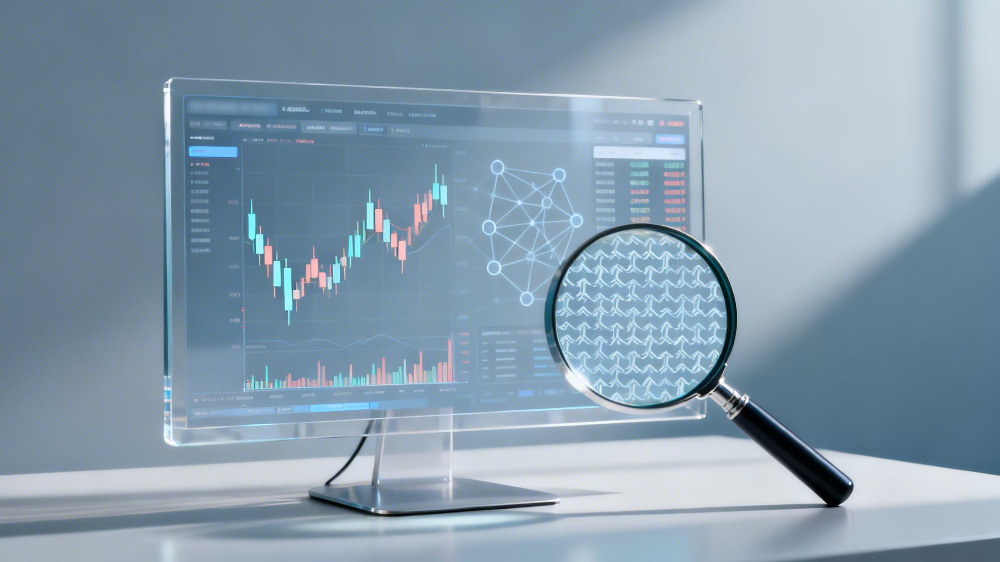 A transparent monitor displays financial charts and a network diagram, with a magnifying glass showing an arrow pattern.
