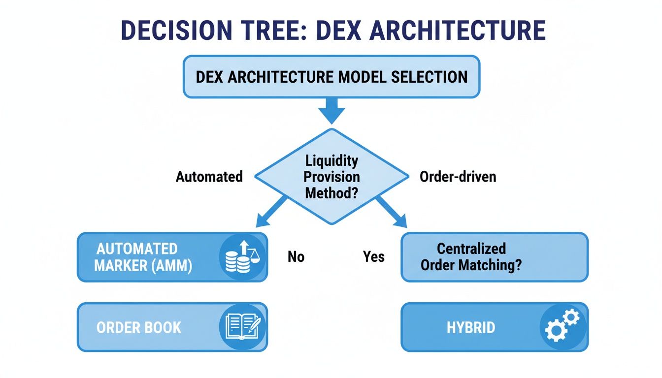 Decision tree showing DEX architecture choices based on liquidity provision and order matching.