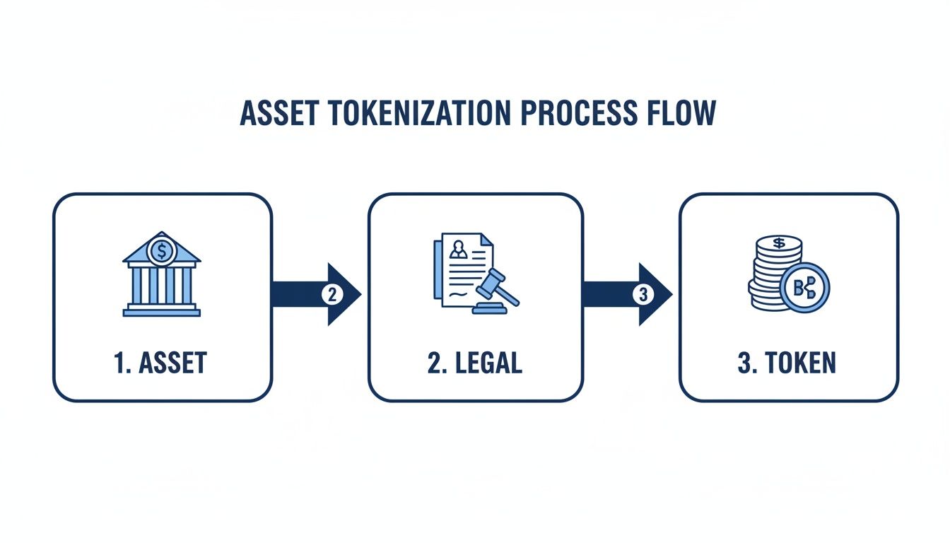 Flowchart illustrating the three-step asset tokenization process from physical asset to digital token.