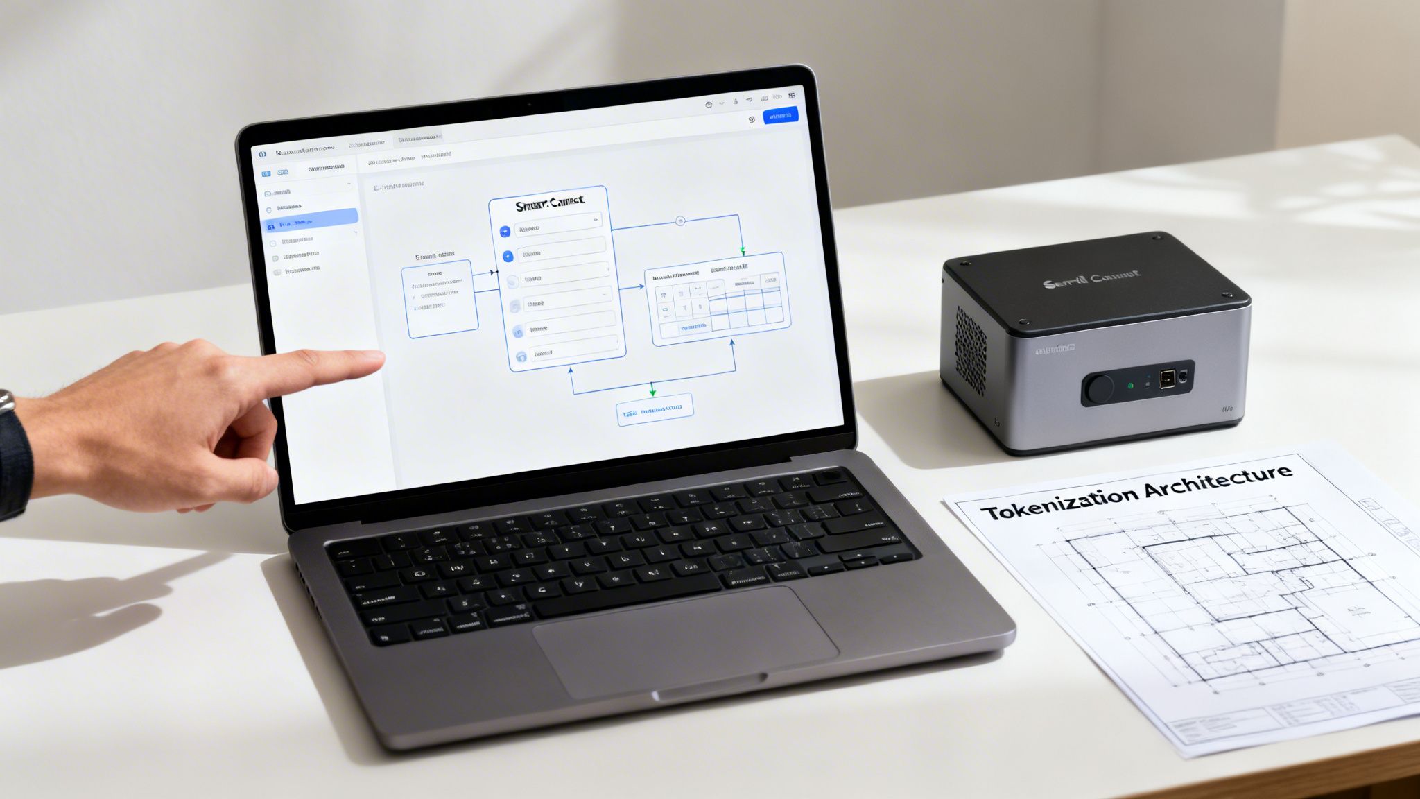 A person's hand points to a laptop displaying 'Smart Connect' software, next to a device and 'Tokenization Architecture' blueprint.