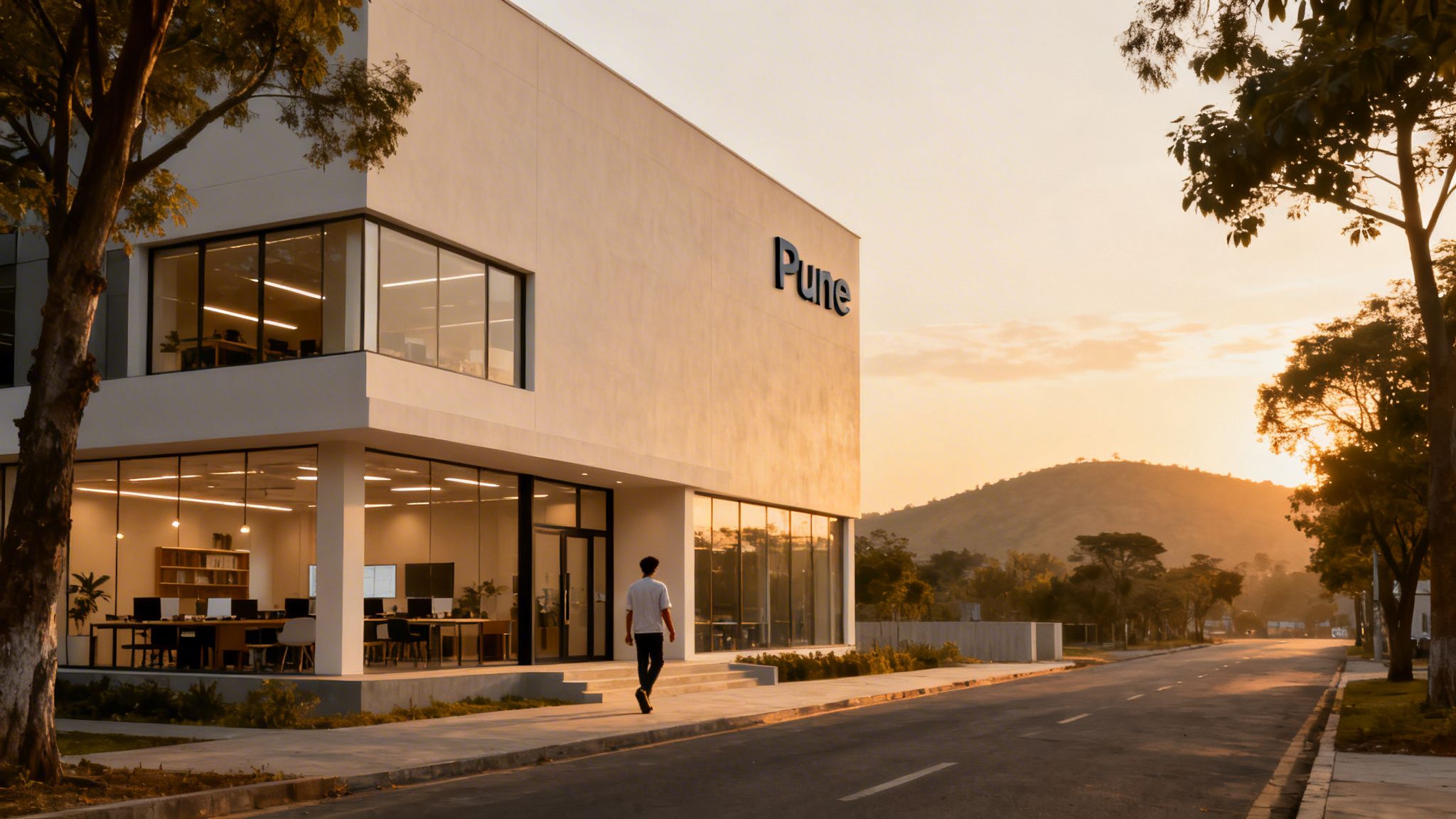 A person walks towards a modern building with 'Pune' on its facade, bathed in golden sunset light.