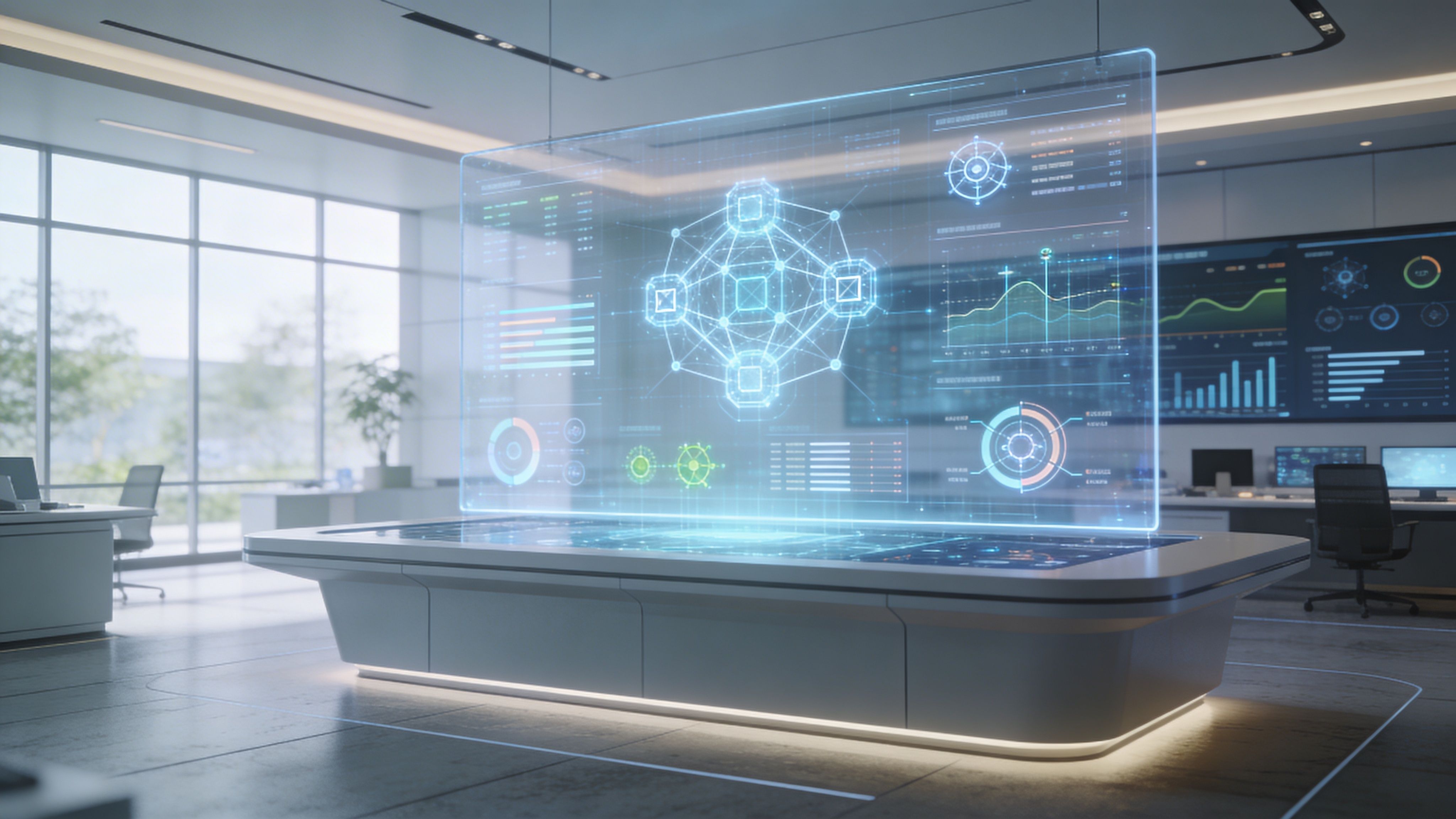 A futuristic boardroom featuring a large digital table with a holographic display of complex data visualizations.
