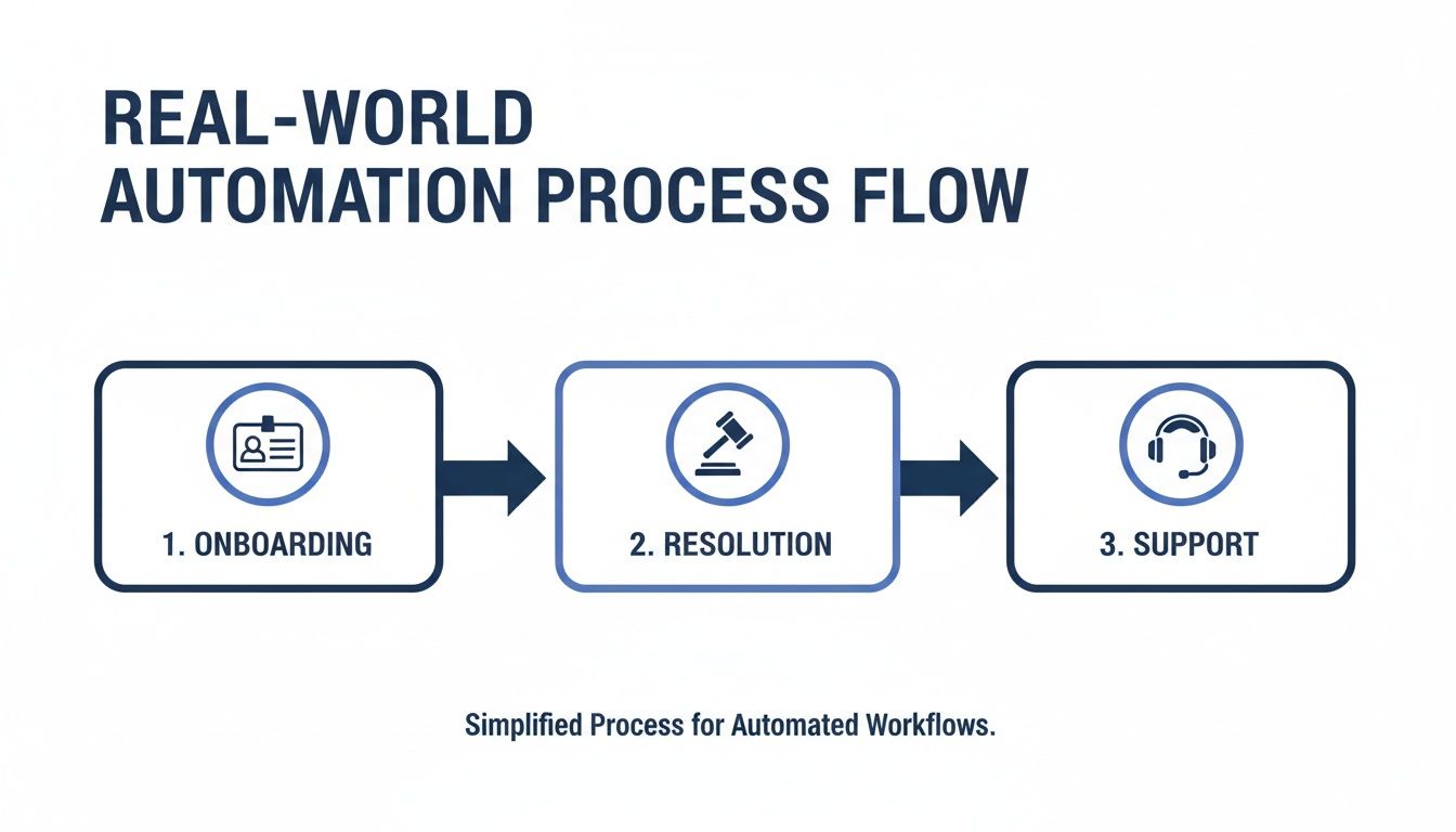 Real-world automation process flow diagram showing steps: onboarding, resolution, and support for workflows.