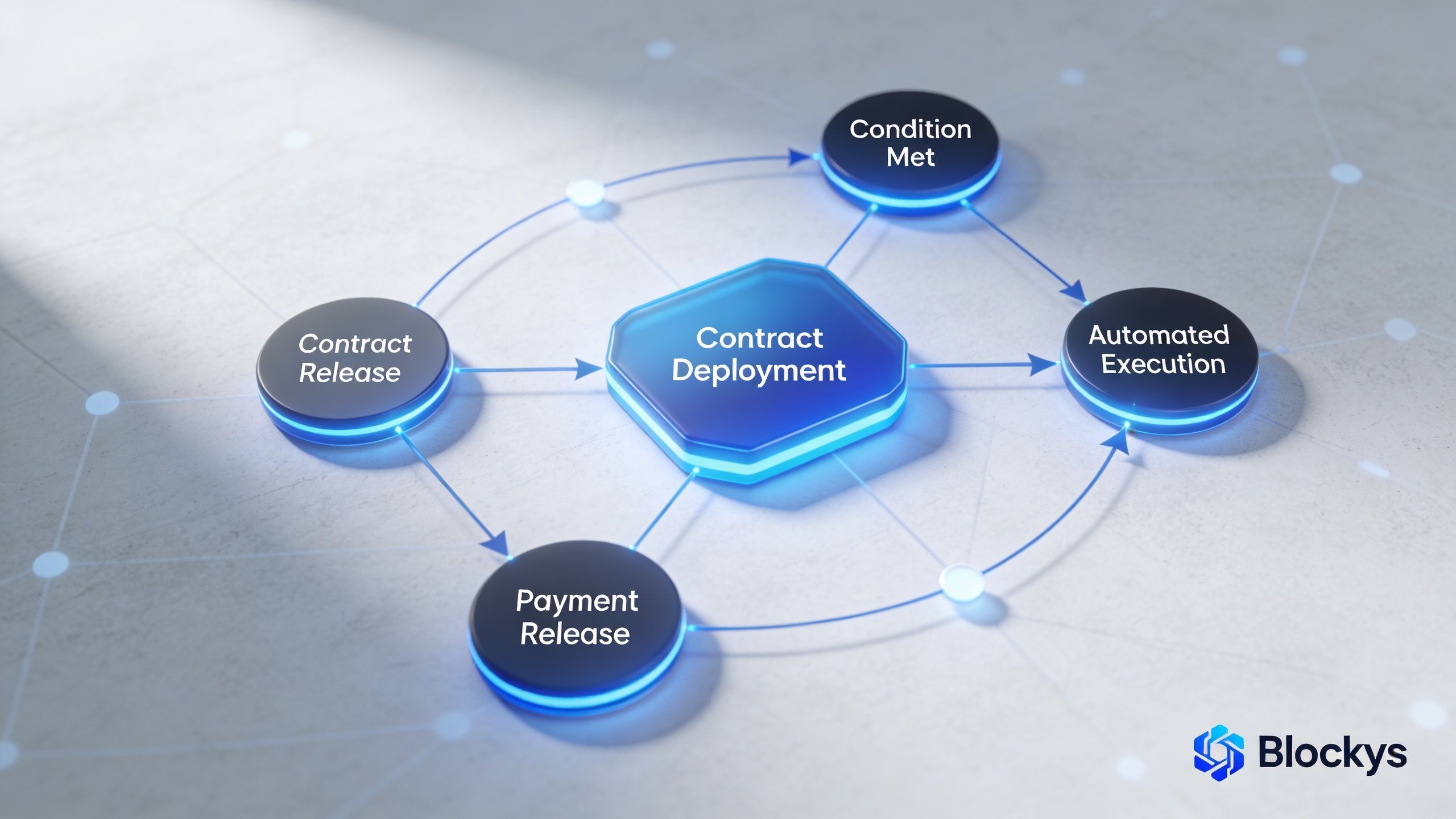 A digital diagram showing the lifecycle of smart contract deployment with interconnected steps in a blockchain ecosystem.