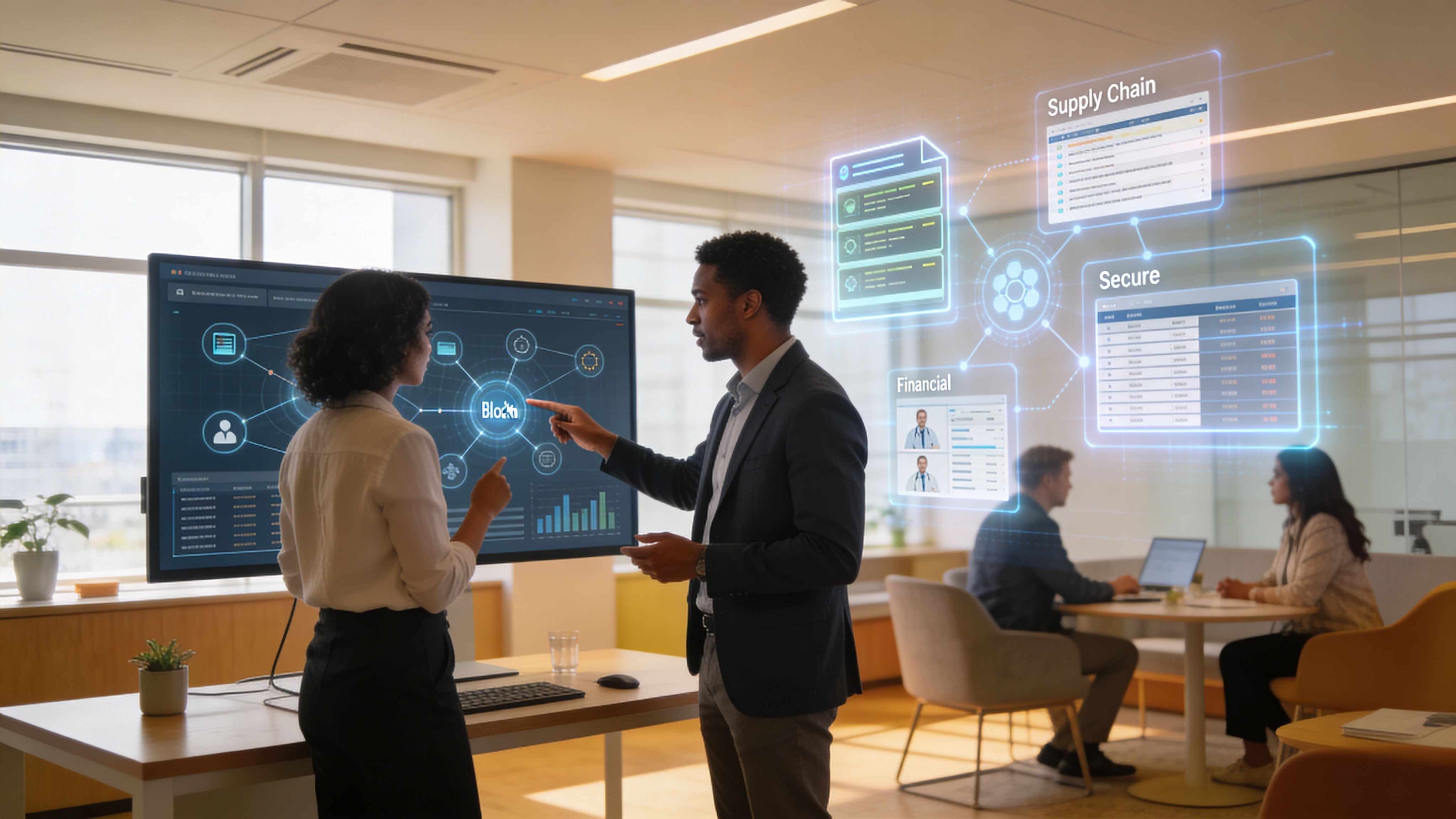 A professional man and woman discussing blockchain technology and data visualization in a modern office environment.