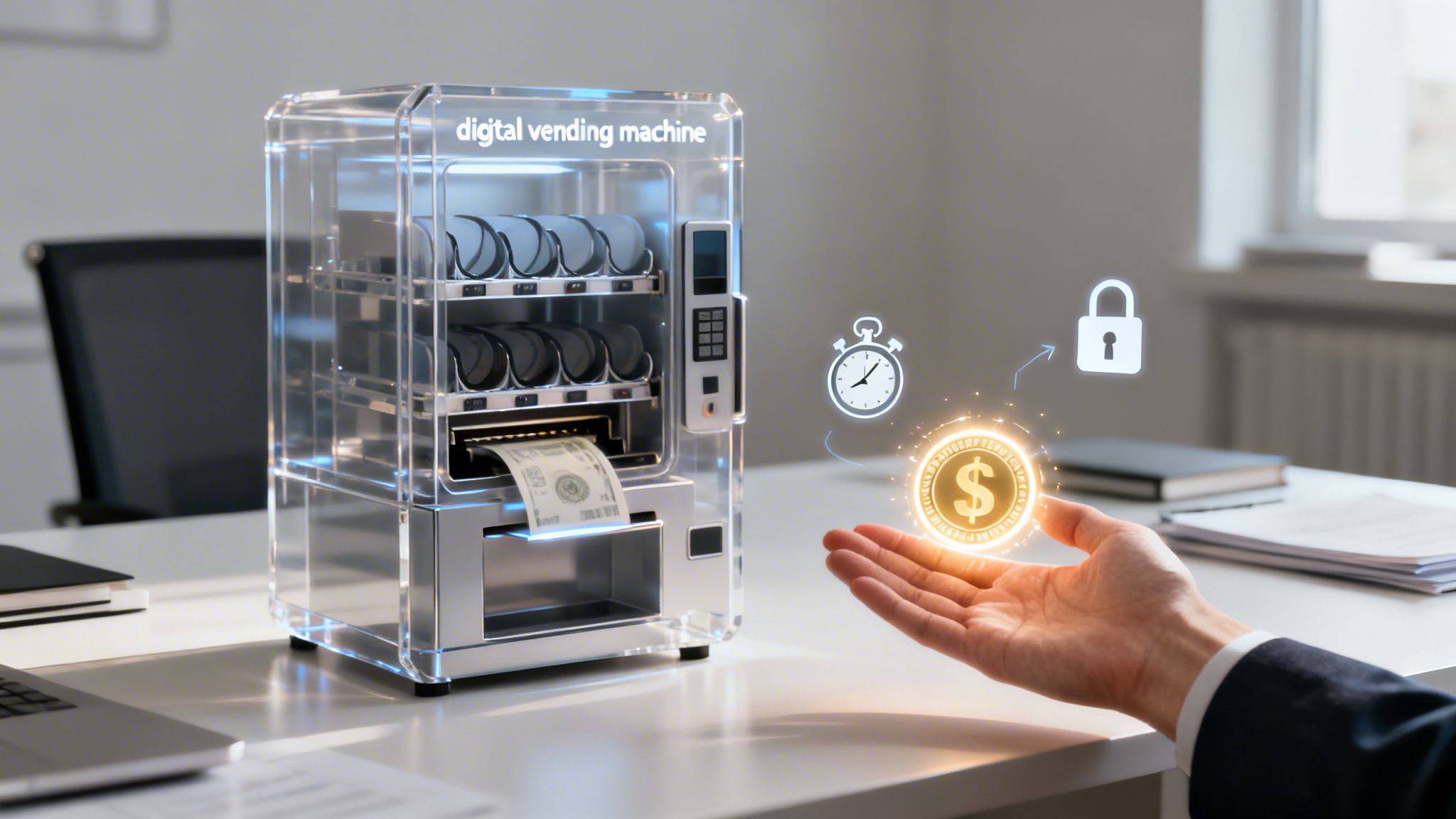 A transparent digital vending machine dispenses money on a desk, next to a hand holding a glowing dollar coin with security and speed icons.