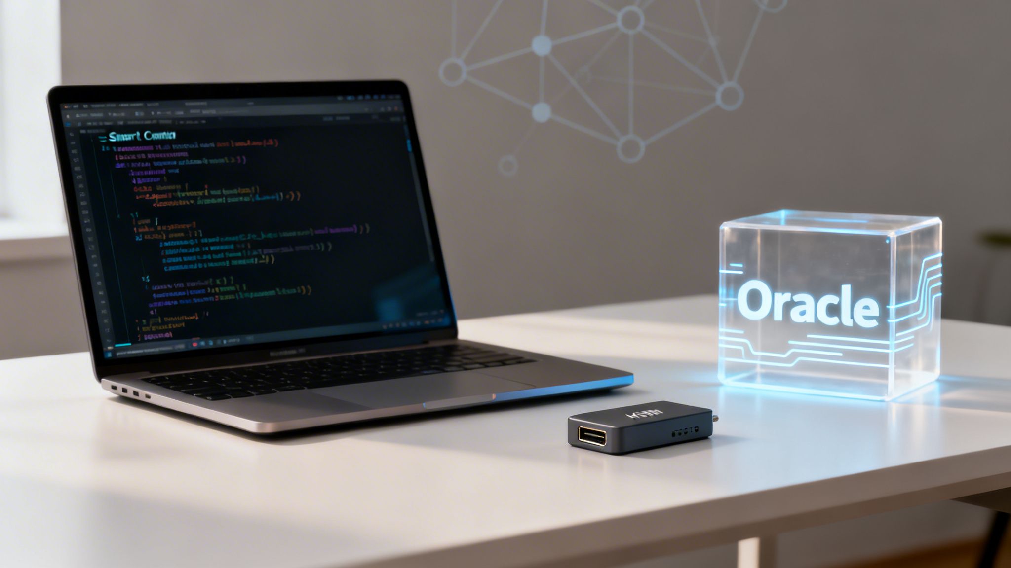 Laptop displaying smart contract code, a black hub, and a glowing Oracle cube with network graphics.