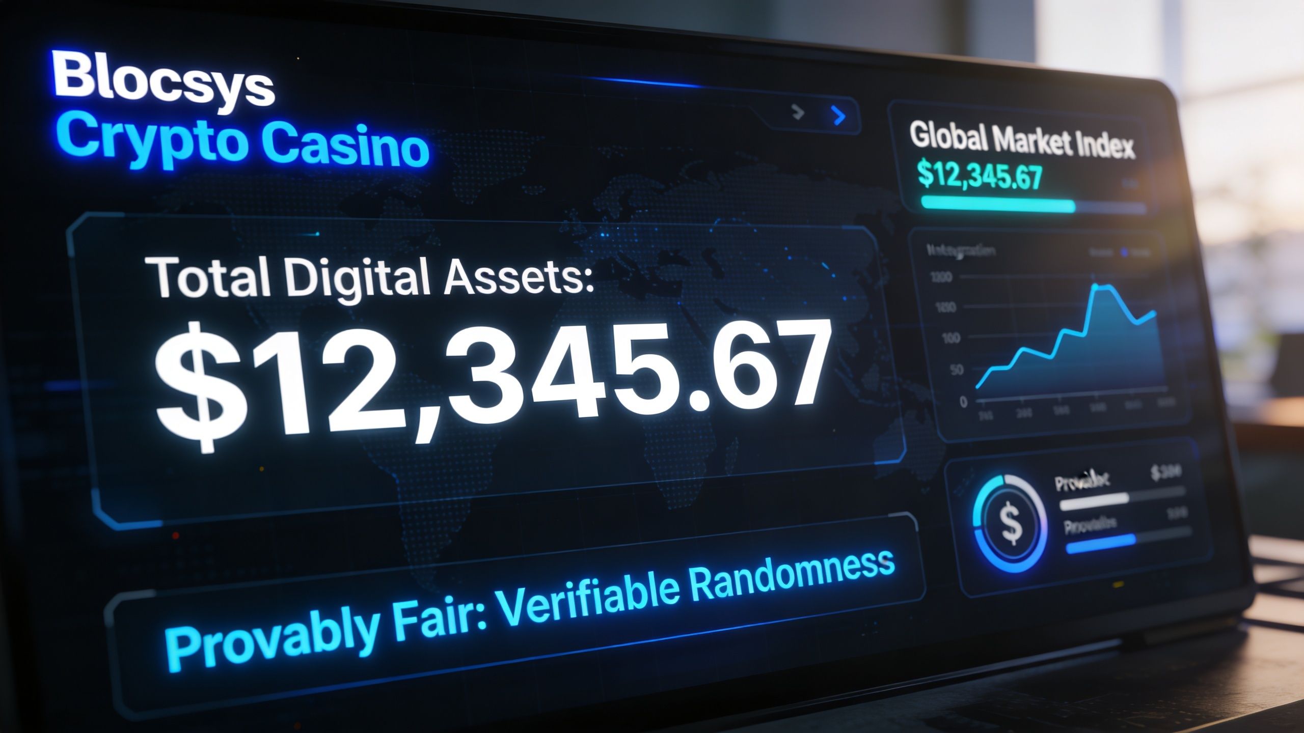 A digital screen showing a casino dashboard with total digital assets, market index, and provably fair branding.