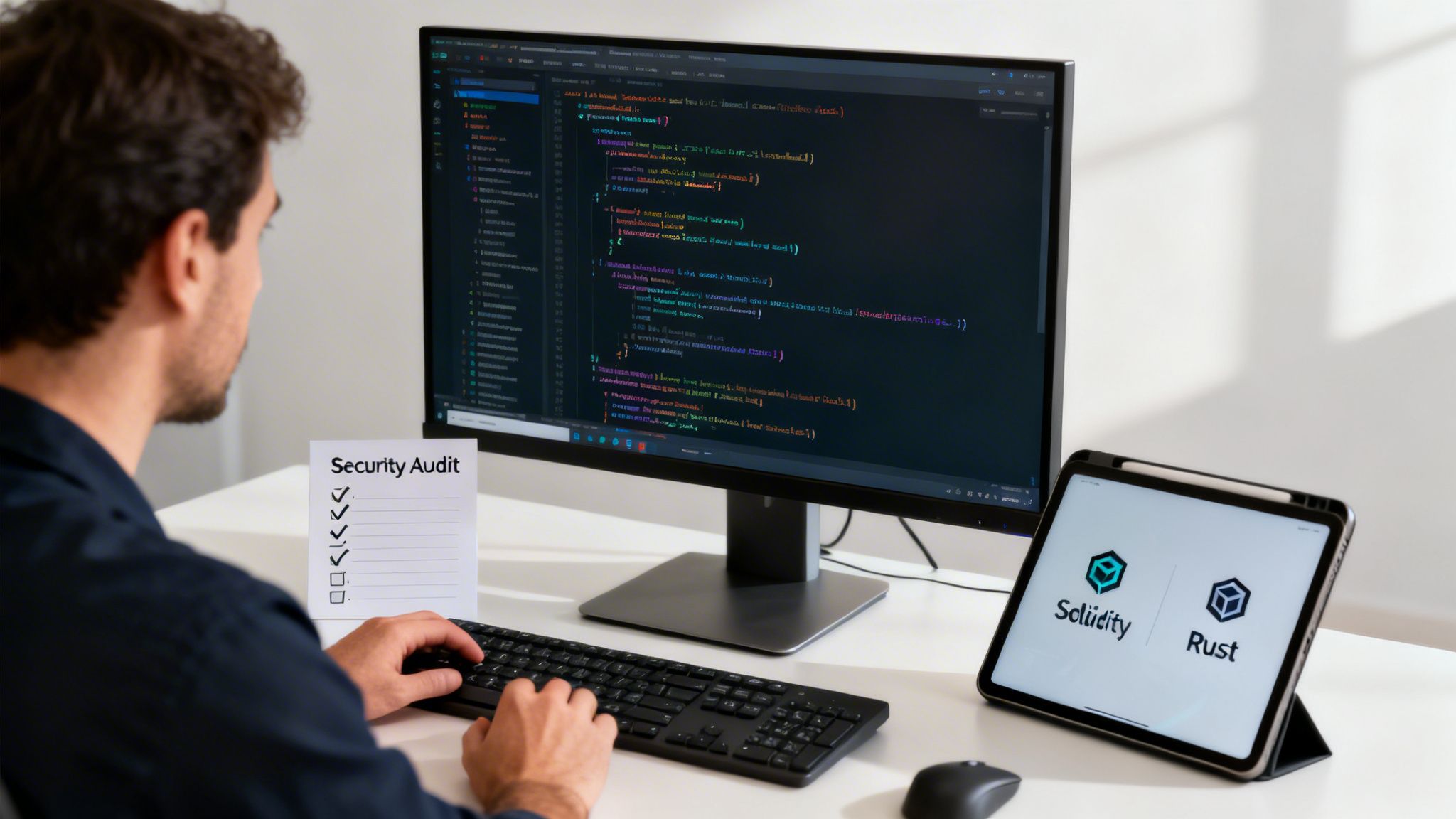A man codes a security audit on a desktop computer, with Solidity and Rust logos on a tablet.