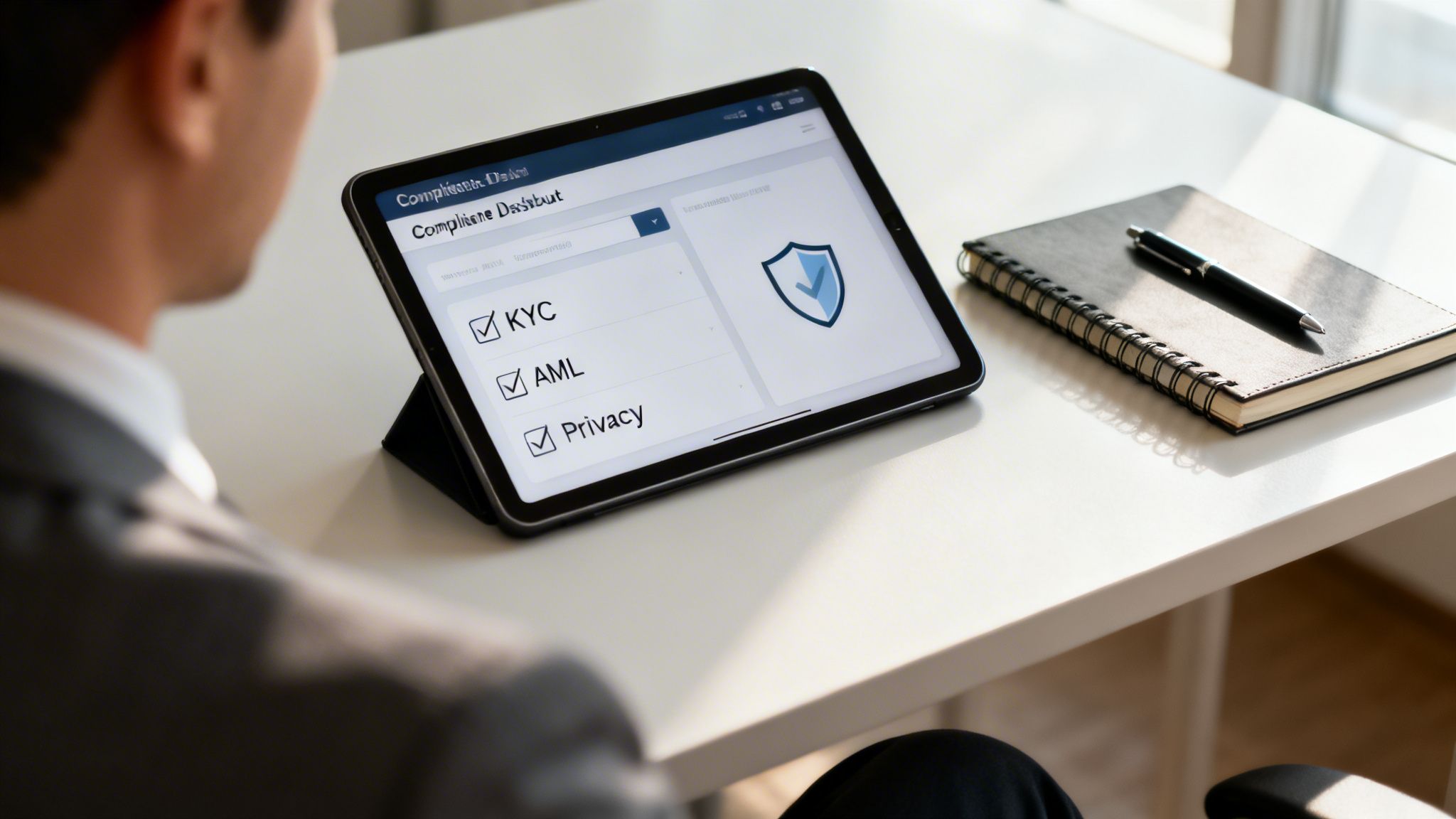A person views a tablet displaying a compliance checklist for KYC, AML, and Privacy in an office setting.
