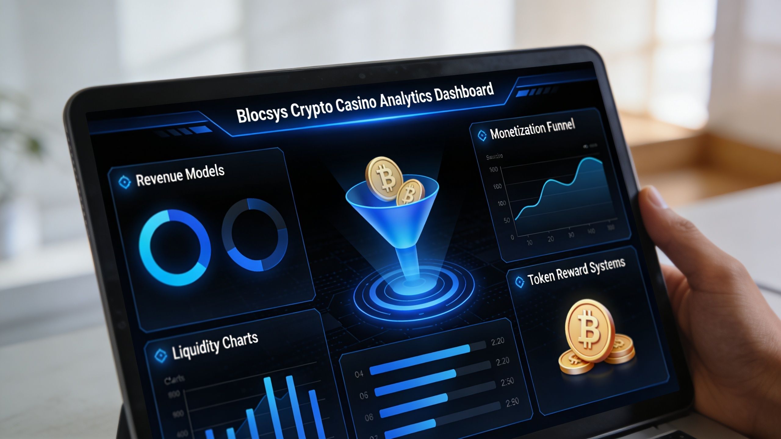 A digital tablet displaying a sophisticated analytics dashboard for a crypto casino development and gambling platform.