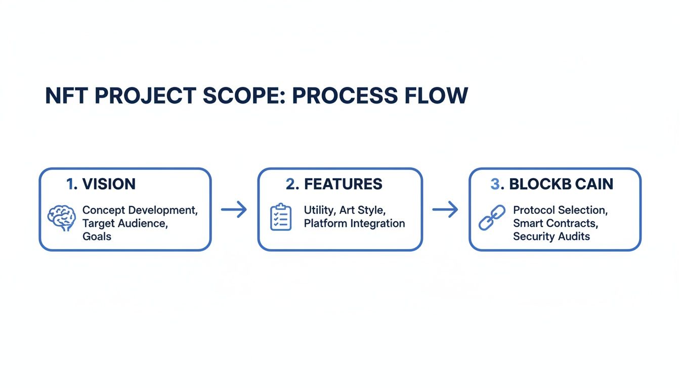 A process flow diagram outlining the NFT project scope, from vision and features to blockchain implementation.