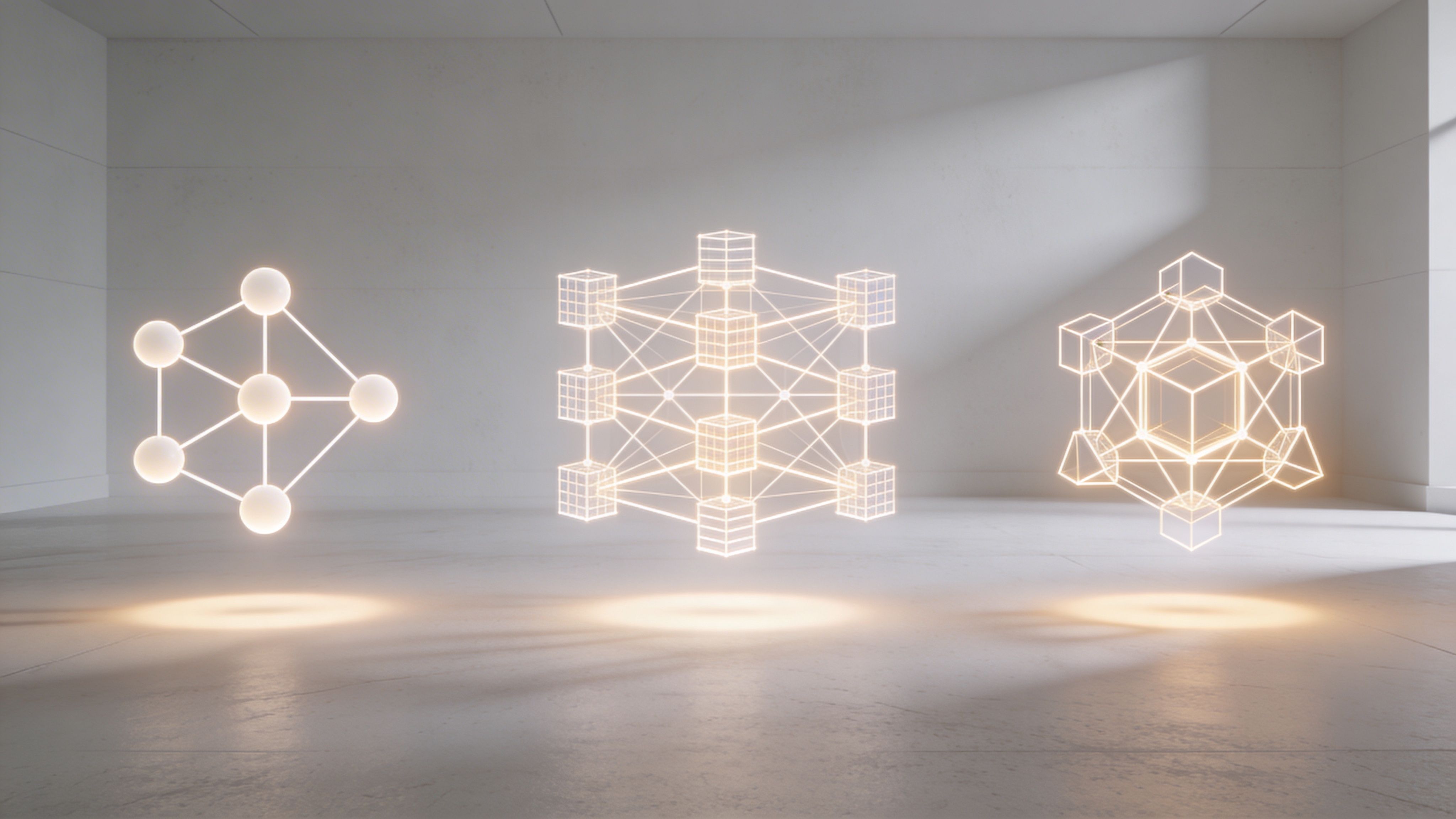 Three glowing geometric abstract visualizations representing network nodes, blockchain structures, and advanced data forecasting algorithms.