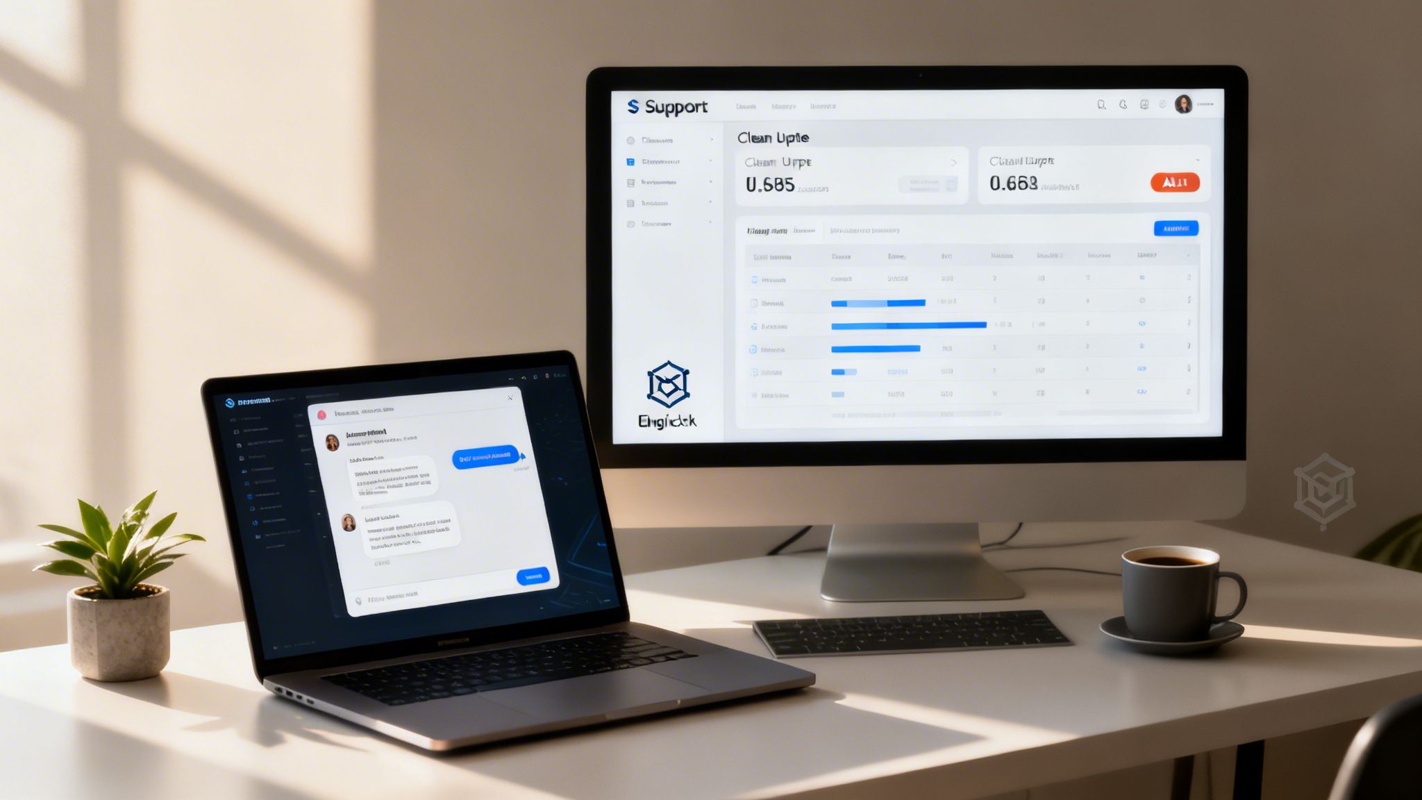 A modern workspace featuring a laptop with a chat interface and a desktop monitor displaying a support dashboard.