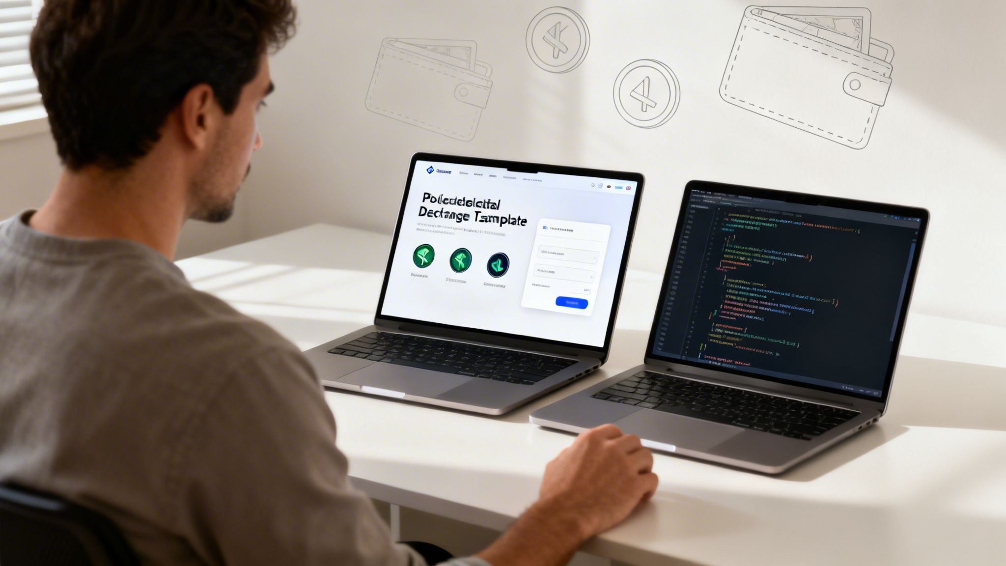 Man viewing a decentralized exchange template and code on two laptops at a bright desk.