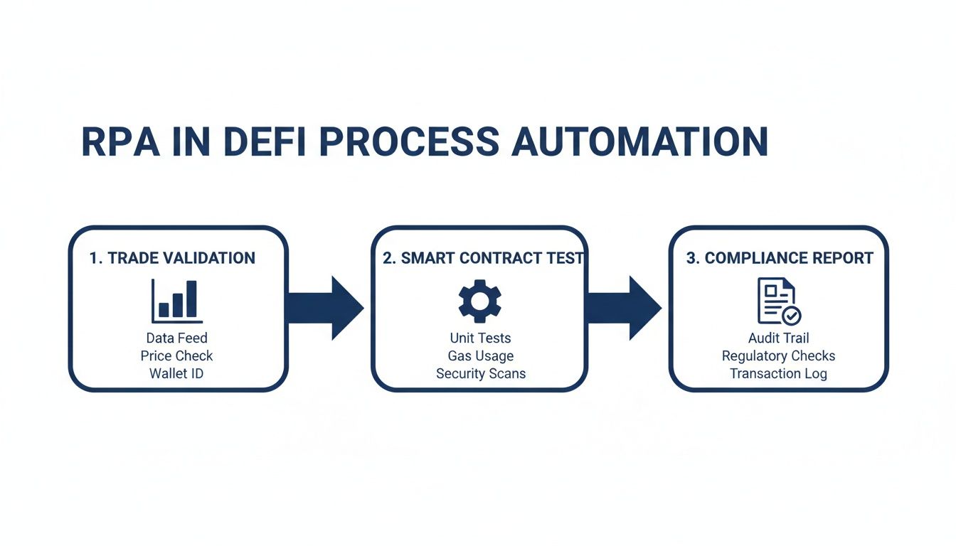 Flowchart depicting RPA in DeFi process automation, including trade validation, smart contract testing, and compliance reporting.