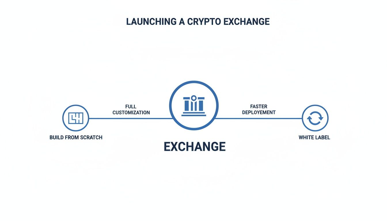 Diagram illustrating options for launching a crypto exchange: build from scratch, full customization, faster deployment, and white label.