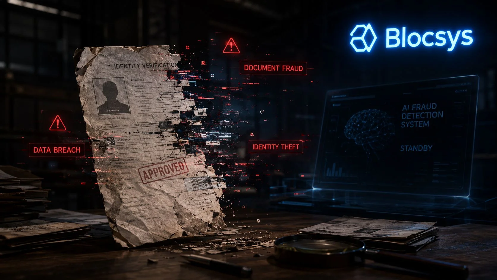 A digital illustration representing AI-driven fraud detection for identity verification documents with cyber security warning signs.