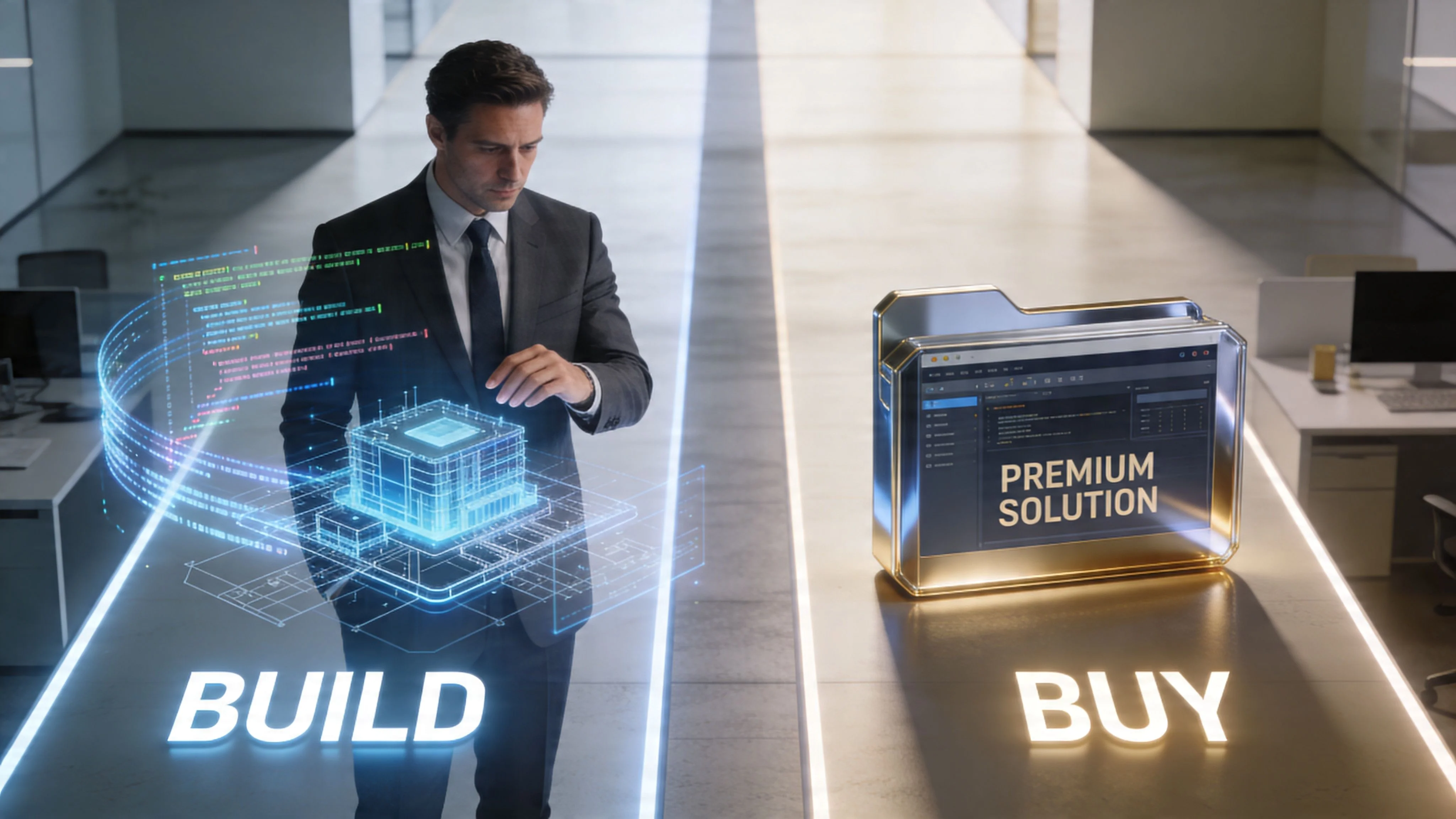 A businessman choosing between building custom technology and buying a premium software solution in a modern office.