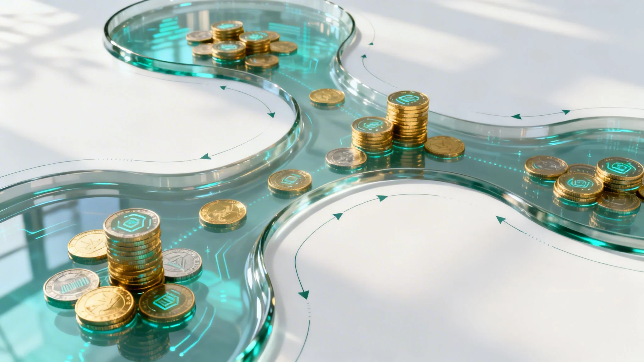 Digital currency coins with glowing symbols flowing through clear, circuit-like pathways, illustrating data exchange.