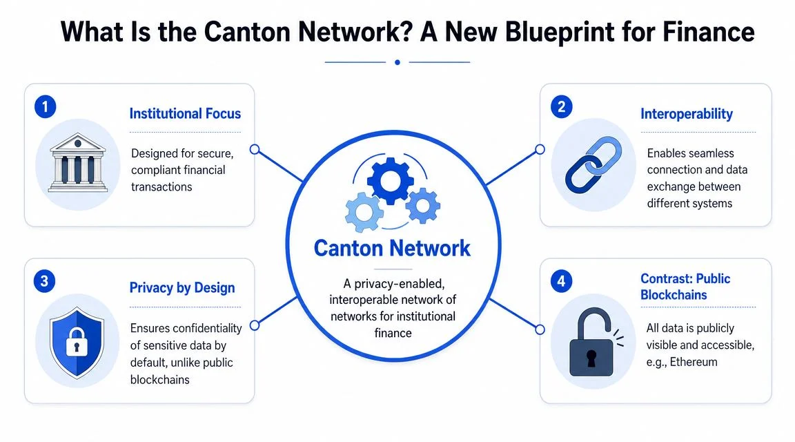 An infographic titled What Is the Canton Network explaining its key features for institutional finance.