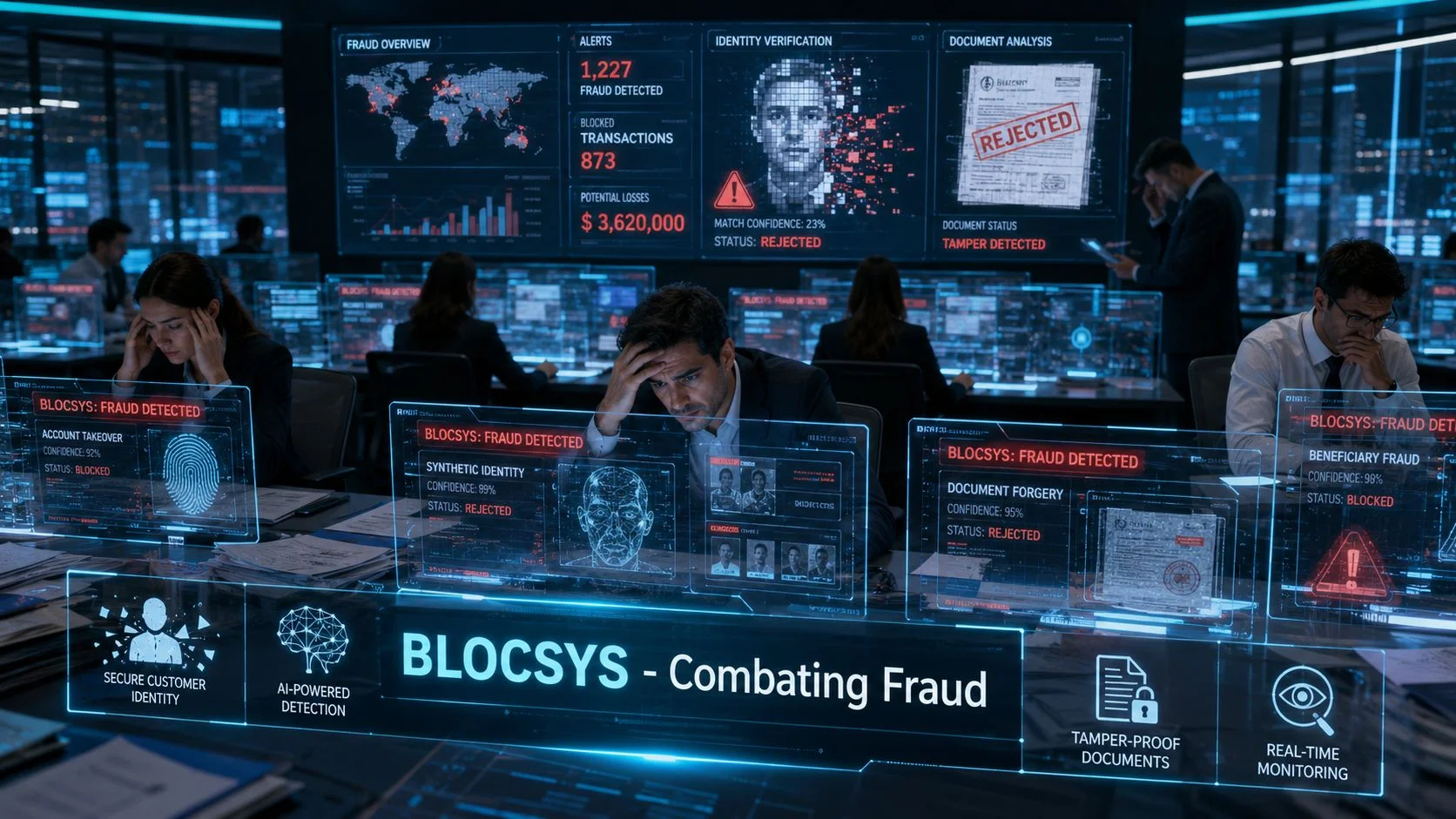 A cybersecurity team monitors digital fraud and identity theft in a high-tech financial control room environment.